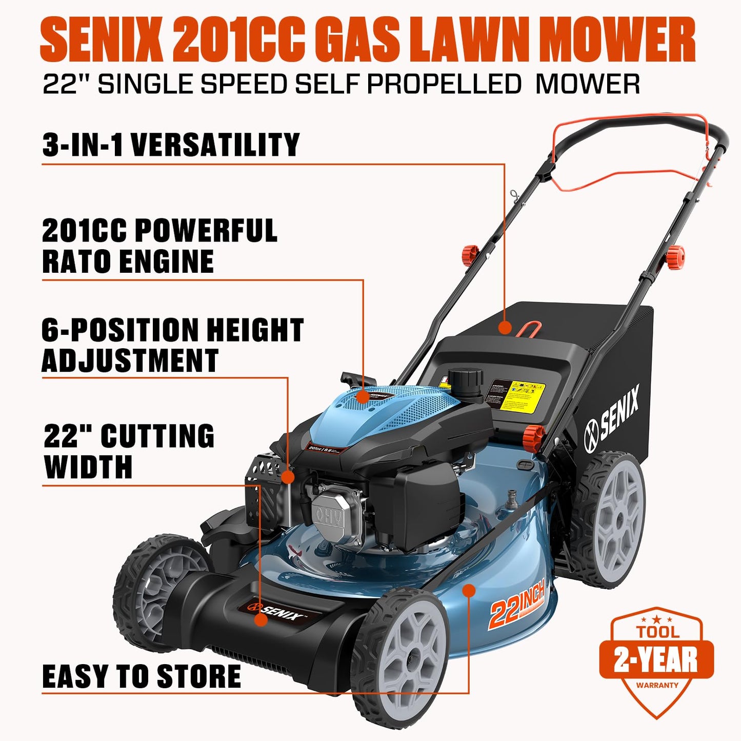 SENIX 201cc 22" 3-in-1 Gas Lawn Mower, Single Speed Rear Wheel Self-Propelled Mower, Mulching, Bagging, Discharging, 6 Cutting Height Adjustable, for Garden Yard