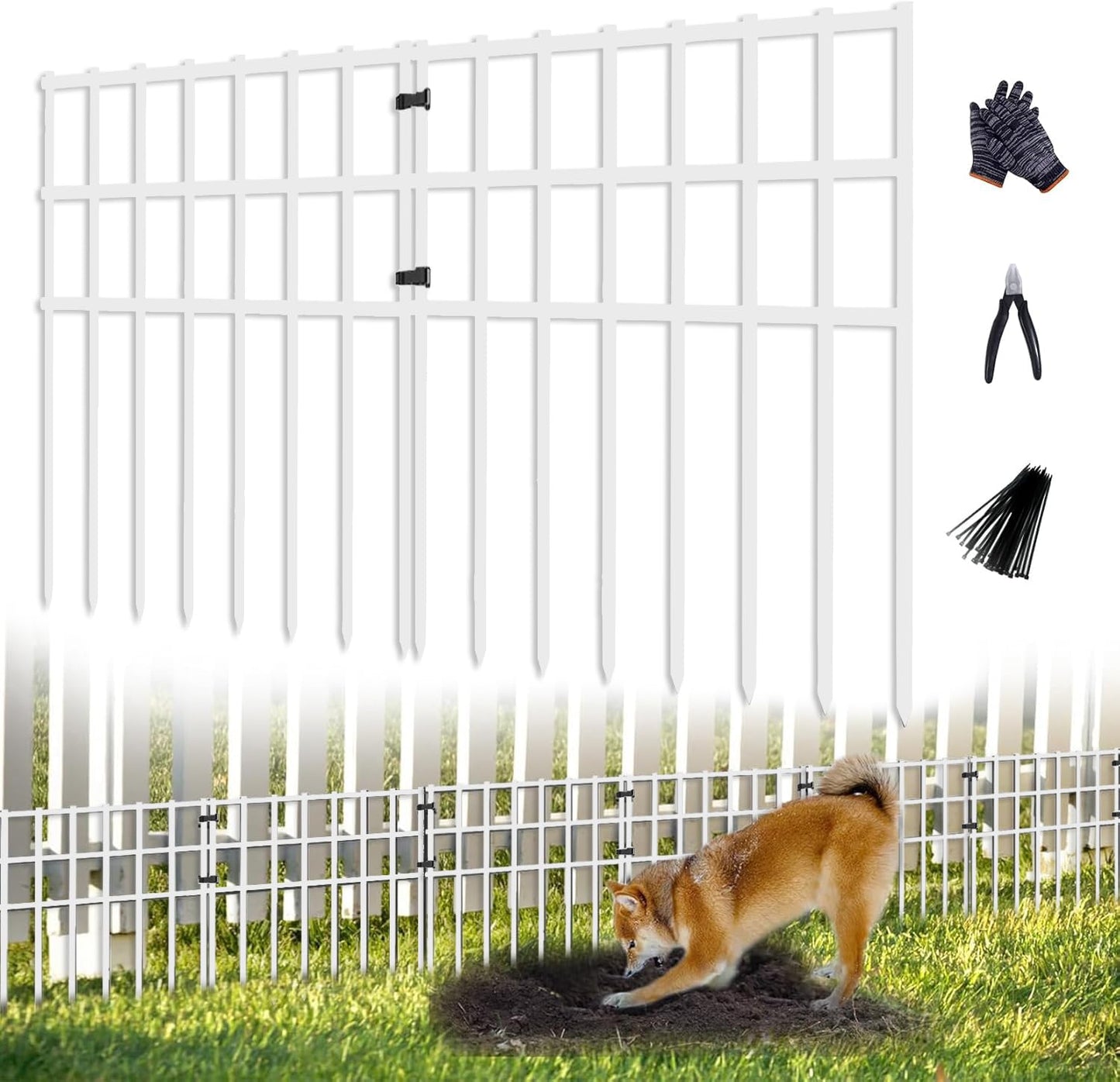 25 Pack Garden Animal Barrier Fence, 17in (H) X 27ft (L) No Dig Fence, Rustproof Metal Garden Fencing Border, Decorative Fencing Panel for Dog Rabbits Ground Stakes Defense, White