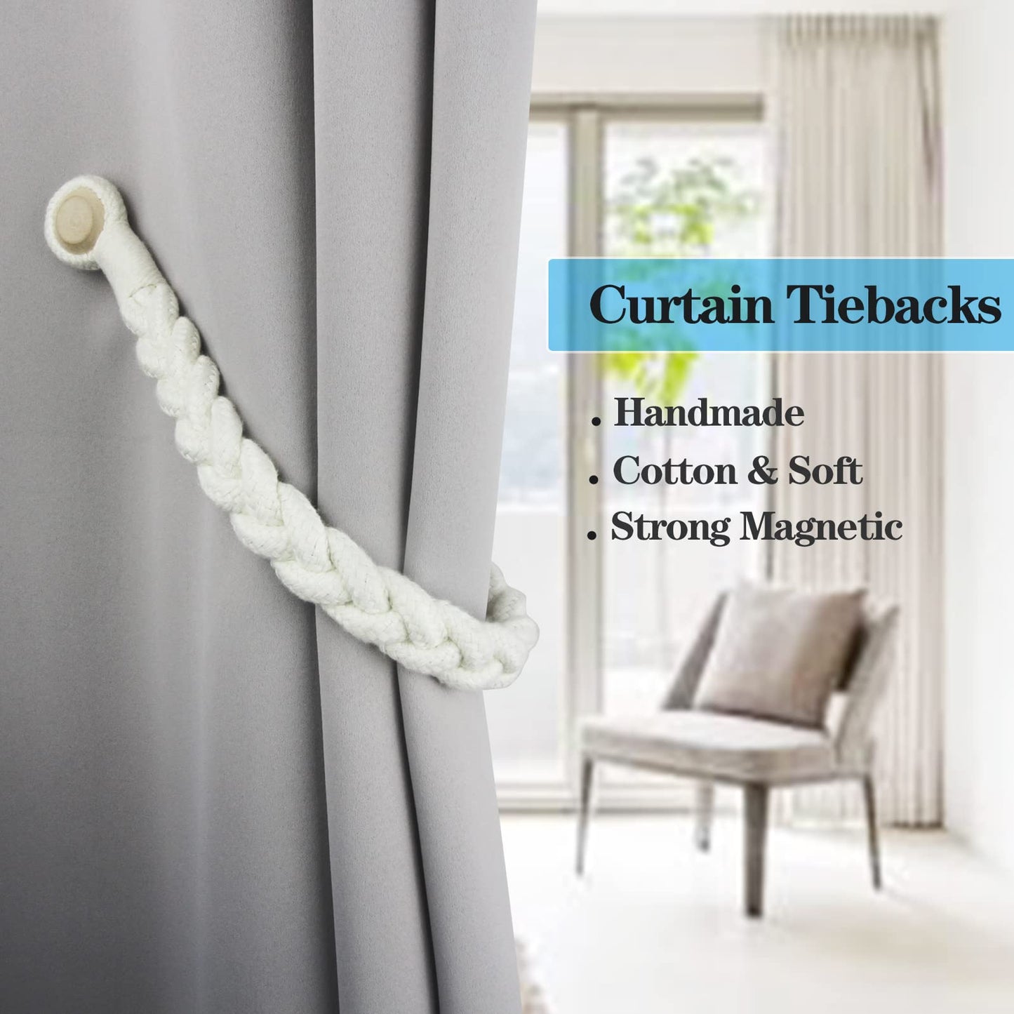 Porlau 2 Pack Magnetic Soft Curtain Tiebacks Cotton Hand-Woven Tieback Holdback Home Decorative Tie Backs with Wooden Buckle for Home Office Decor (Cream, 2)