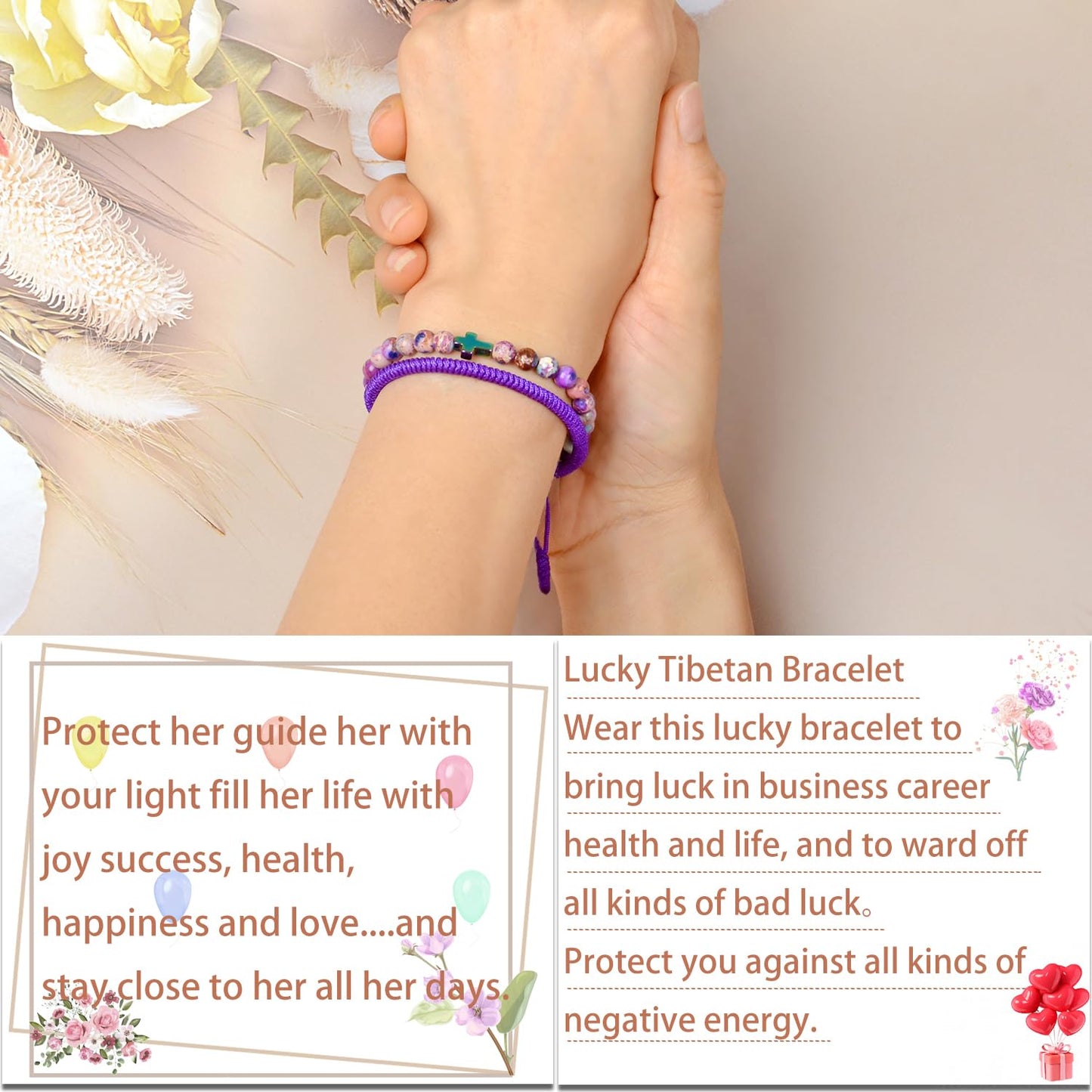 LPBeads 6mm Natural Imperial Jasper Corss Charm Bracelet with Handmade Rope Bracelet Size Adjustable Natural Stone Crystal Healing Bracelets Gifts for Women Girls