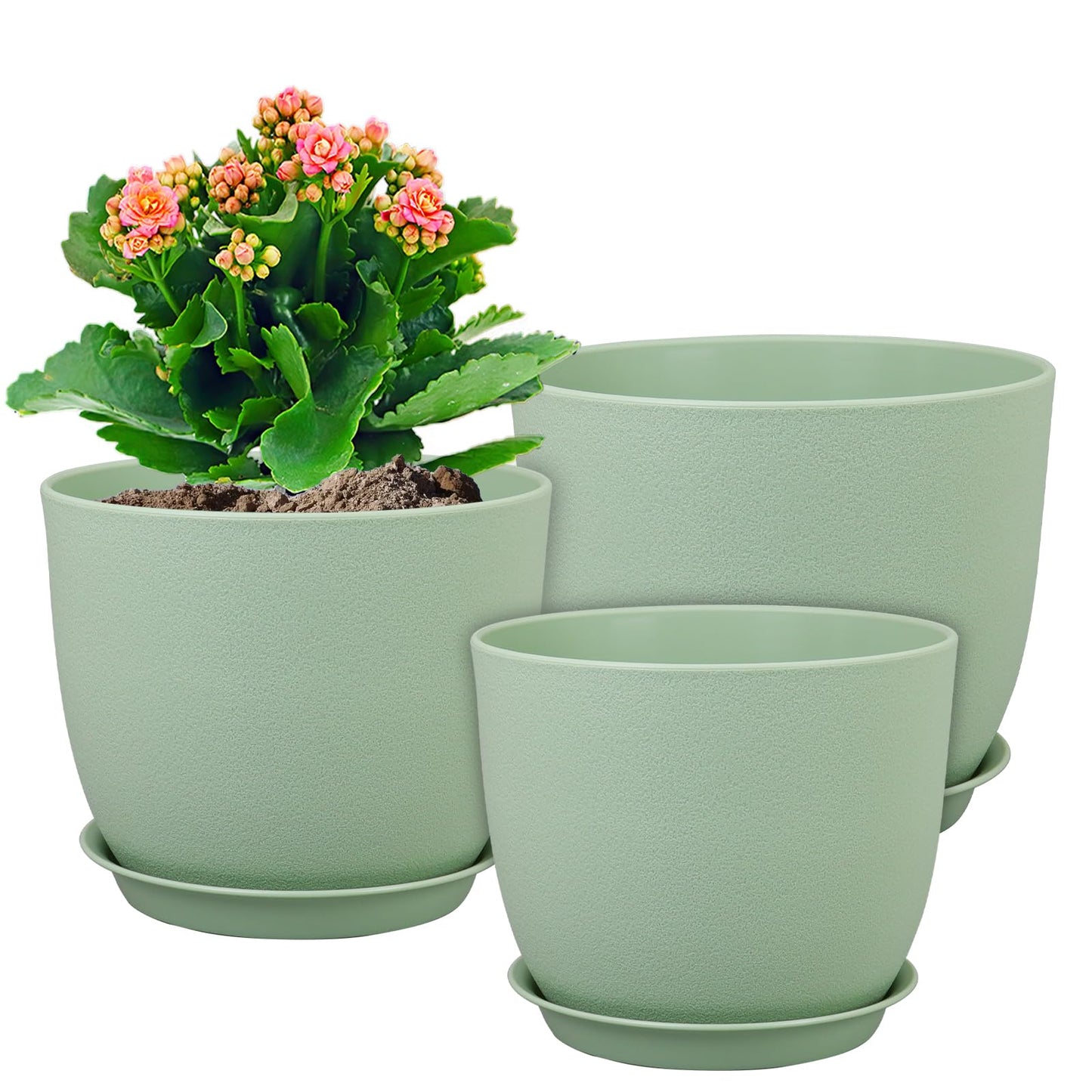 WSMKSZ Medium Plant Pots 10/9/8 inch, Flower Pots for Indoor Outdoor Plants, Set of 3 Modern Decorative Plastic Planters with Drainage Holes and Saucers for House Porch Garden Plants, Green