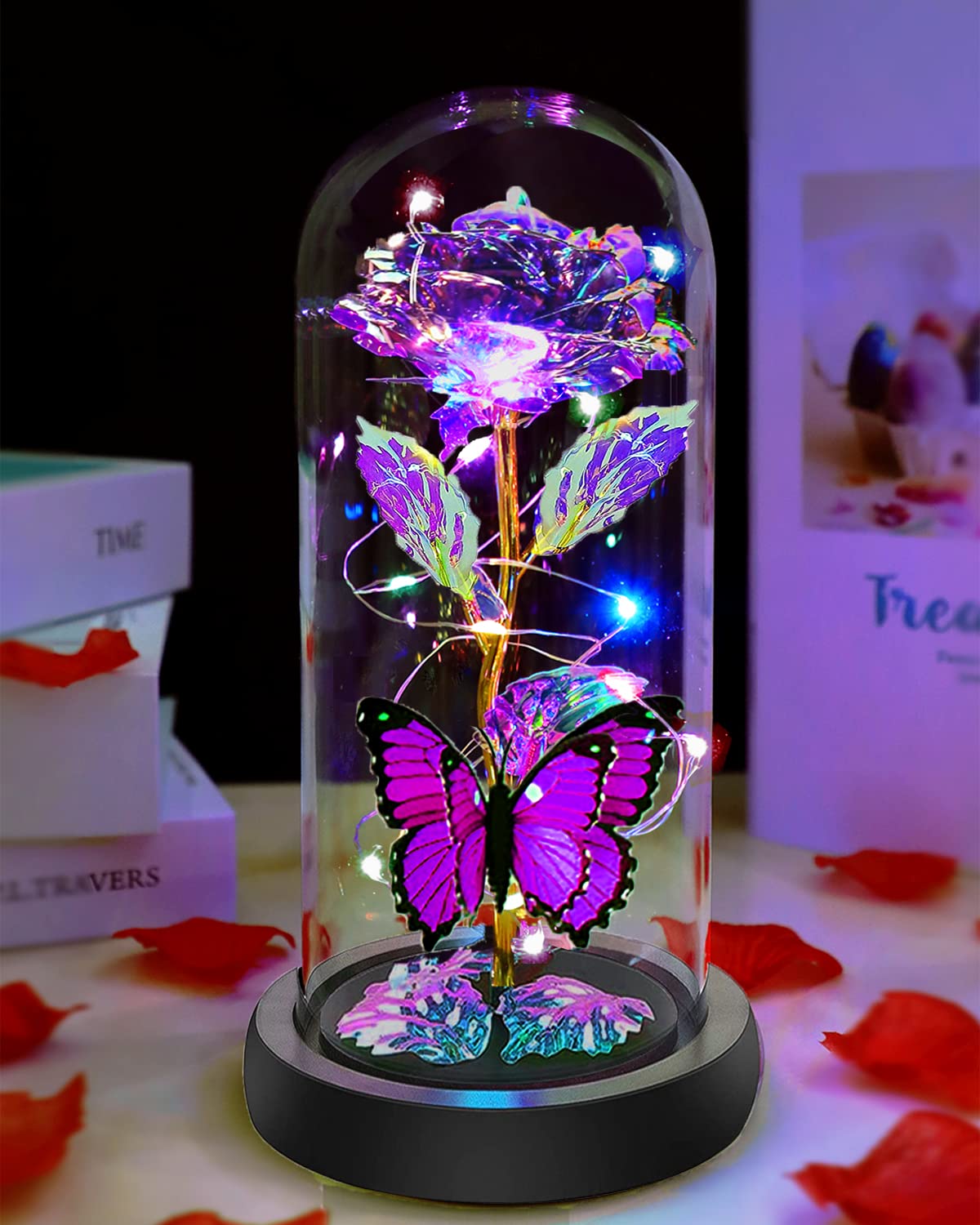 Mothers Day Rose Flower Gifts for Mom, Birthday Gifts for Women, Galaxy Crystal Light Up Rose Flowers in A Glass Dome, Mother Day Presents Wife Grandma Sister Her Mom from Daughter Butterfly Purple