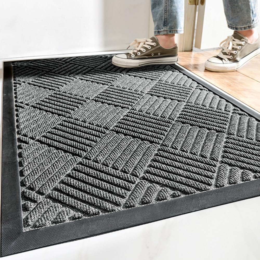 MATZEN Diamond Door Mat Indoor Outdoor Rug Floor, Front Entrance Entryway, Heavy Duty Low Profile Rubber Waterproof Garage Patio Porch Weatherproof, Non Slip Absorbent Dirt Trapping, 17x29, Red