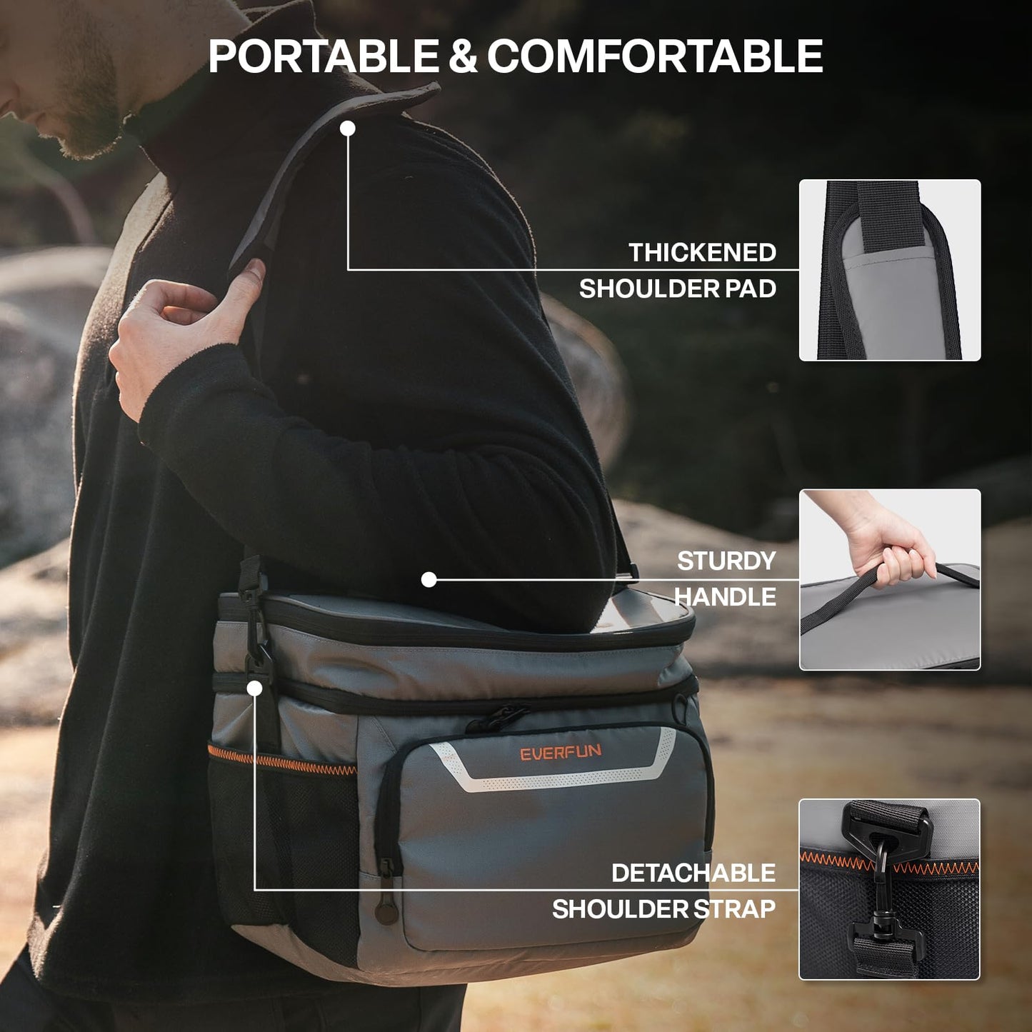 EVERFUN Small Cooler Bag 24 Can Insulated Lunch Box Double Deck Soft Leak-Proof Waterproof Collapsible Ice Chest for Men Women Work Travel Car Trip Picnic Beach, Gray