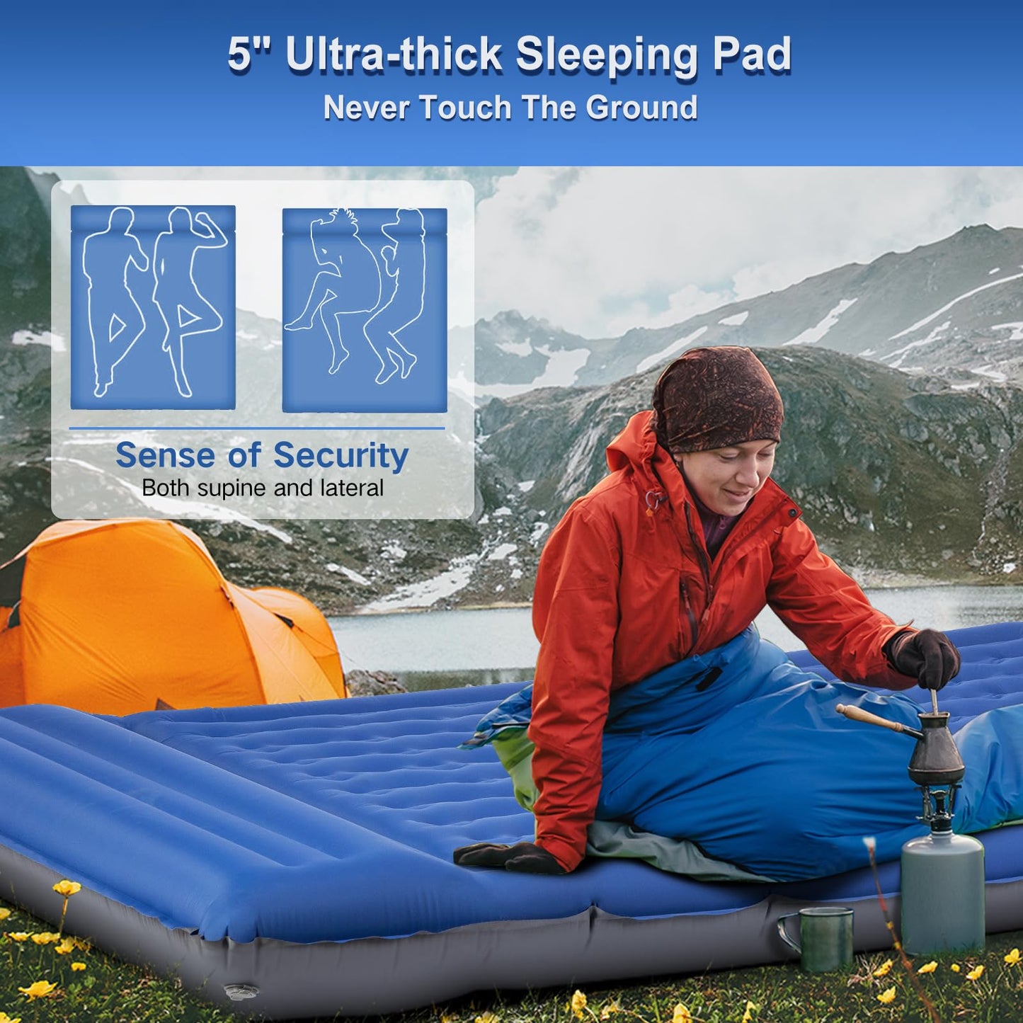FNARMW Double Sleeping Pad Camping, Self Inflating 6'' Extra-Thick 2 Person Pillow Built-in Foot Pump Waterproof Inflatable Sleeping Mat Backpacking, Tent, Hiking, Portable Camping Pad (Navy Grey)