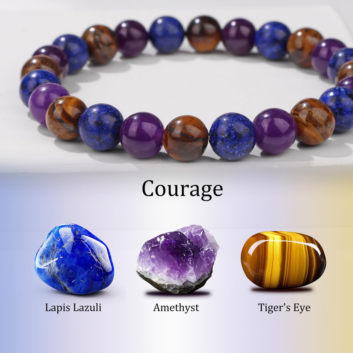 Bolinailo Healing Crystal Courage Bracelet 8mm Crystal Beaded Bracelet for Women Men Natural Stones of Lapis Lazuli, Amethyst and Tiger Eye Handmade Gemstone Reiki Spiritual Jewelry Gifts