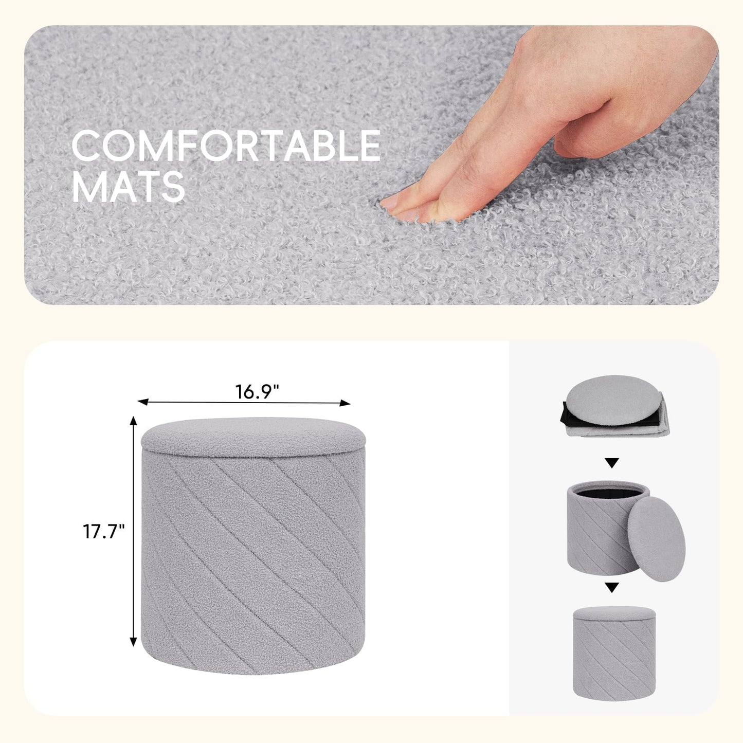 PINPLUS Ottoman with Stroage Round Boucle Ottoman and Tray Sherpa Removable Foot Stool Coffee Table for Dorm, Living Room Grey, 16.9"x16.9"x17.7"