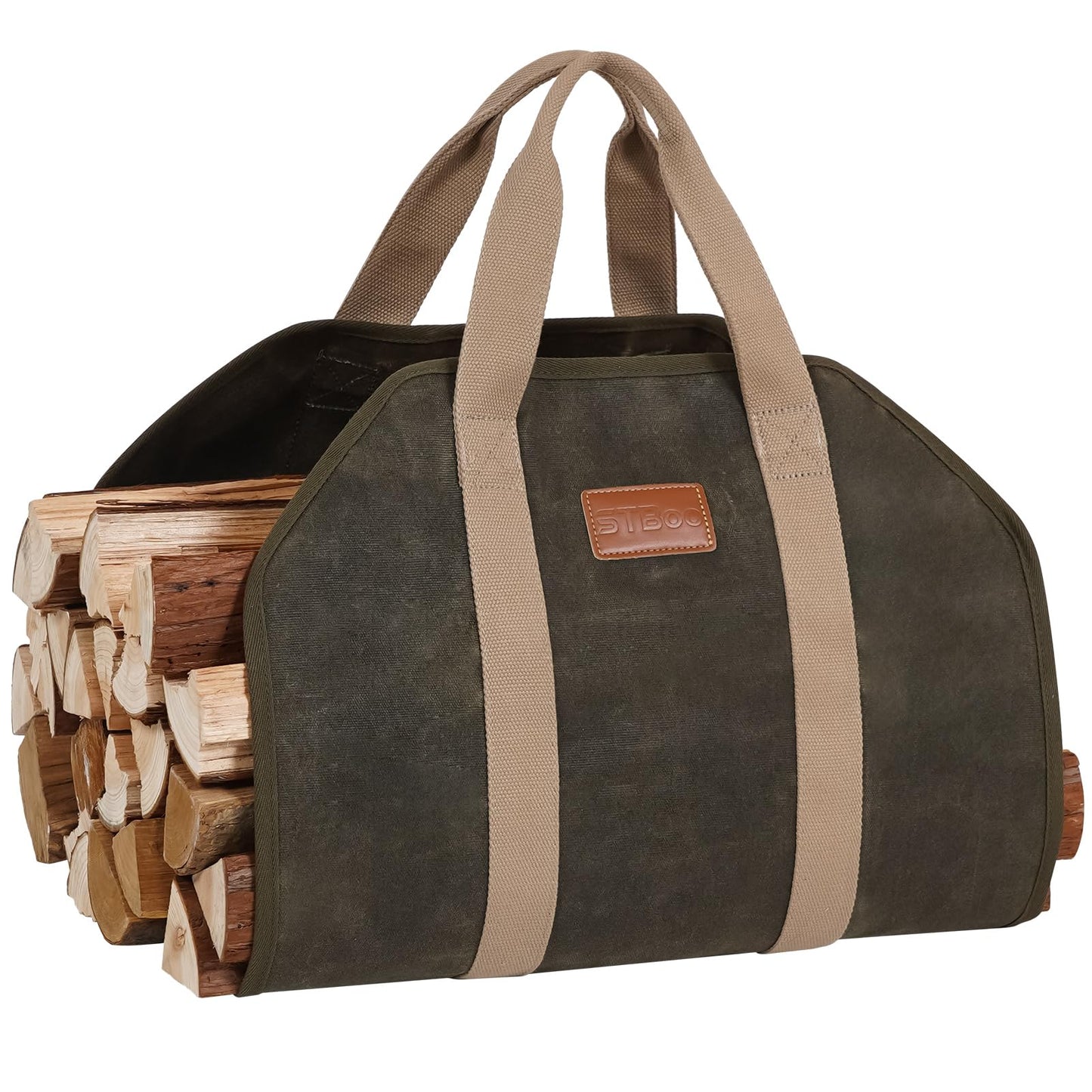 STBoo Firewood Carrier Waxed Canvas: Log Carrier for Firewood Heavy Duty | Fire Wood Carrier Tote Bag | Fireplace Log Holders for Firepit Outdoor Camping, Indoor, Wood Stove Accessories Gift, Geen