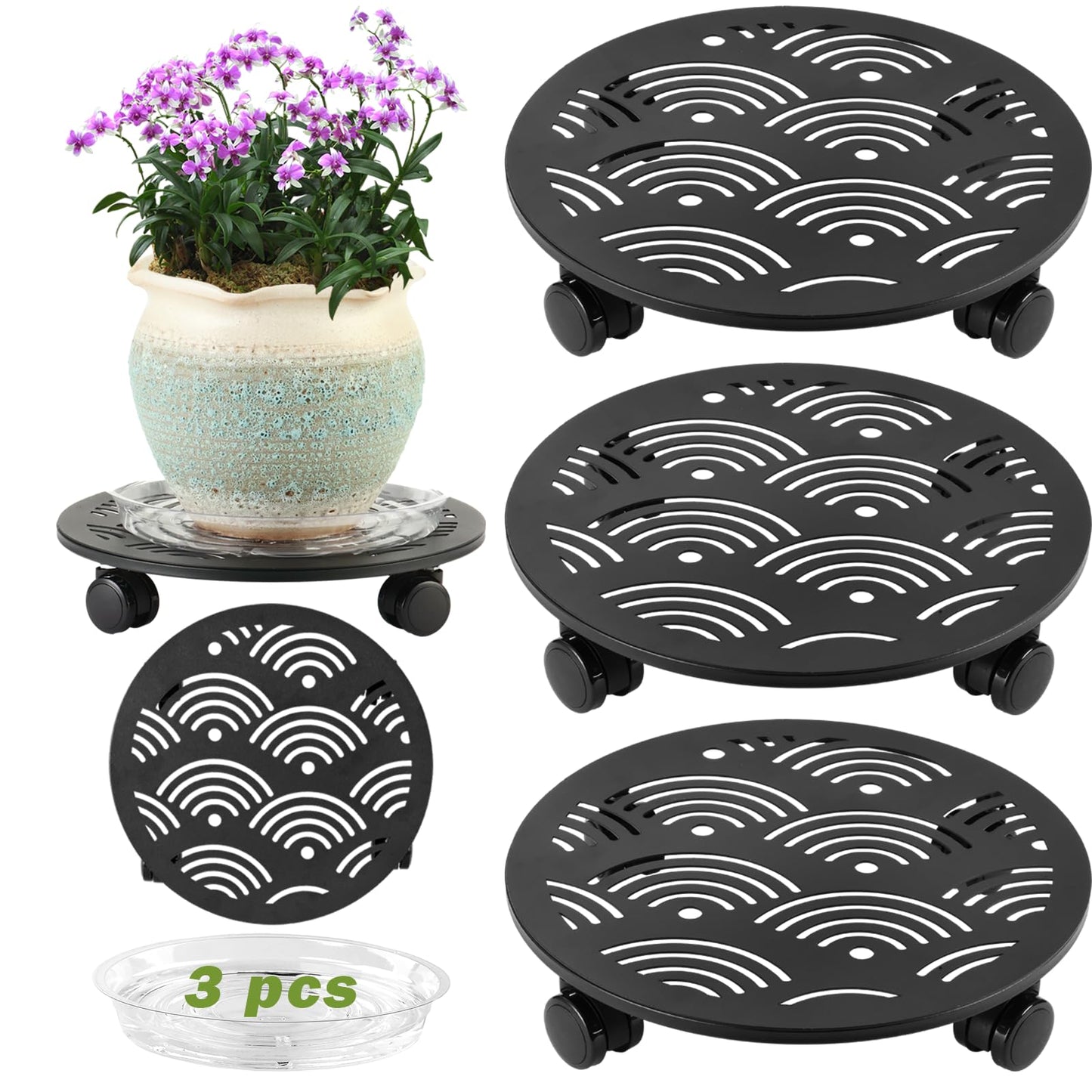DEELF OUTLET 3 Packs 13.5" Large Metal Plant Caddy with Wheels Heavy-Duty Plant Dolly Pot Mover Rollers Rolling Plant Stands Indoor Outdoor Wheeled Plant Holder Coaster Trolley