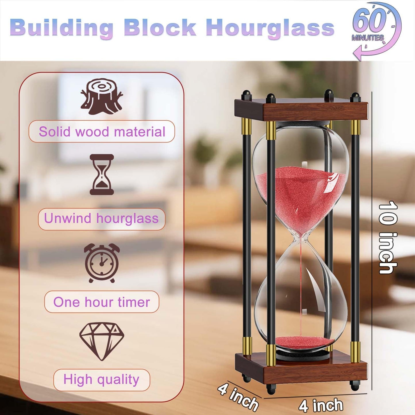 Sand Timer 60 Minute, 60 Min Hourglass Red Sand Clock, 1 Hour Wooden Retor Hour Glass, One Hour Sandglass, Reloj de Arena, Creative, Decoration, Office