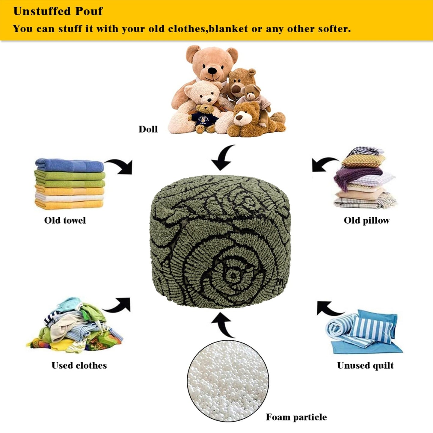 Asuprui Fluffy Flower Pouf Ottoman Cover Only – 20"x14" Round Plush Fuzzy Pouf Shell for Footrest, Stool or Floor Seat, Soft Removable Home Decor (No Insert Included) (Green)