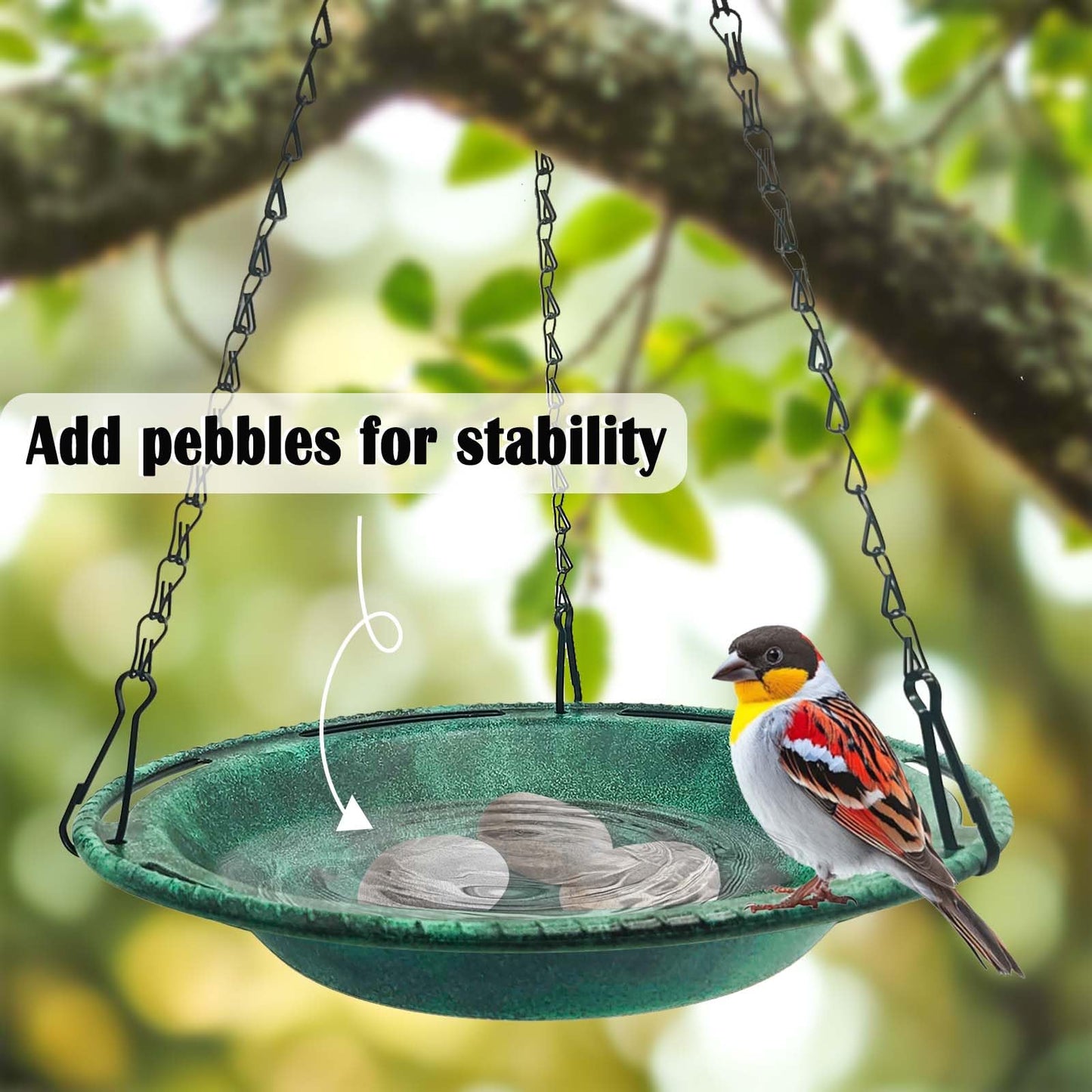 VIHSIPR Hanging Bird Bath & Feeder Bowl, 12 in Outdoor Bird Bath with Chains, Backyard Garden Decor, Durable Weather-Resistant PP, Antique Green – 1 Pack