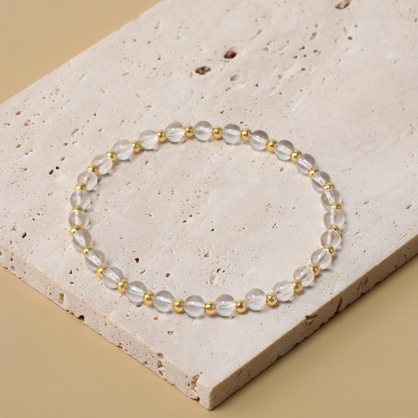 QOGIR Clear Quartz - Amplification - 14K Gold Plated Beads Natural Gemstone Stretch Elastic Dainty Healing Beaded Bracelets Gifts 4mm