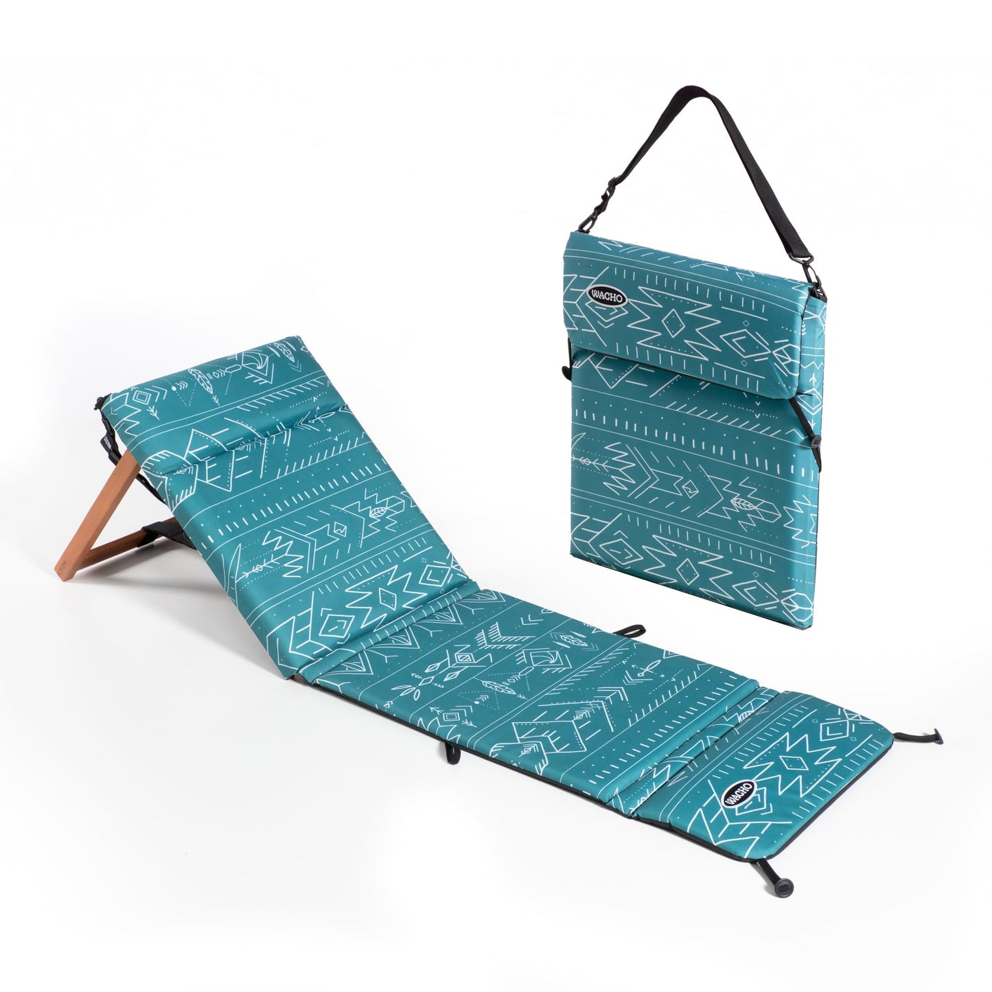 Wacho Outdoor Folding Beach Chair – Ultralight Reclining with Adjustable Wooden Backrest, Foam Padding & Water-Resistant Recycled Fabric – Portable Lounge Chair for Beach, Camping, Picnic – Blue Green