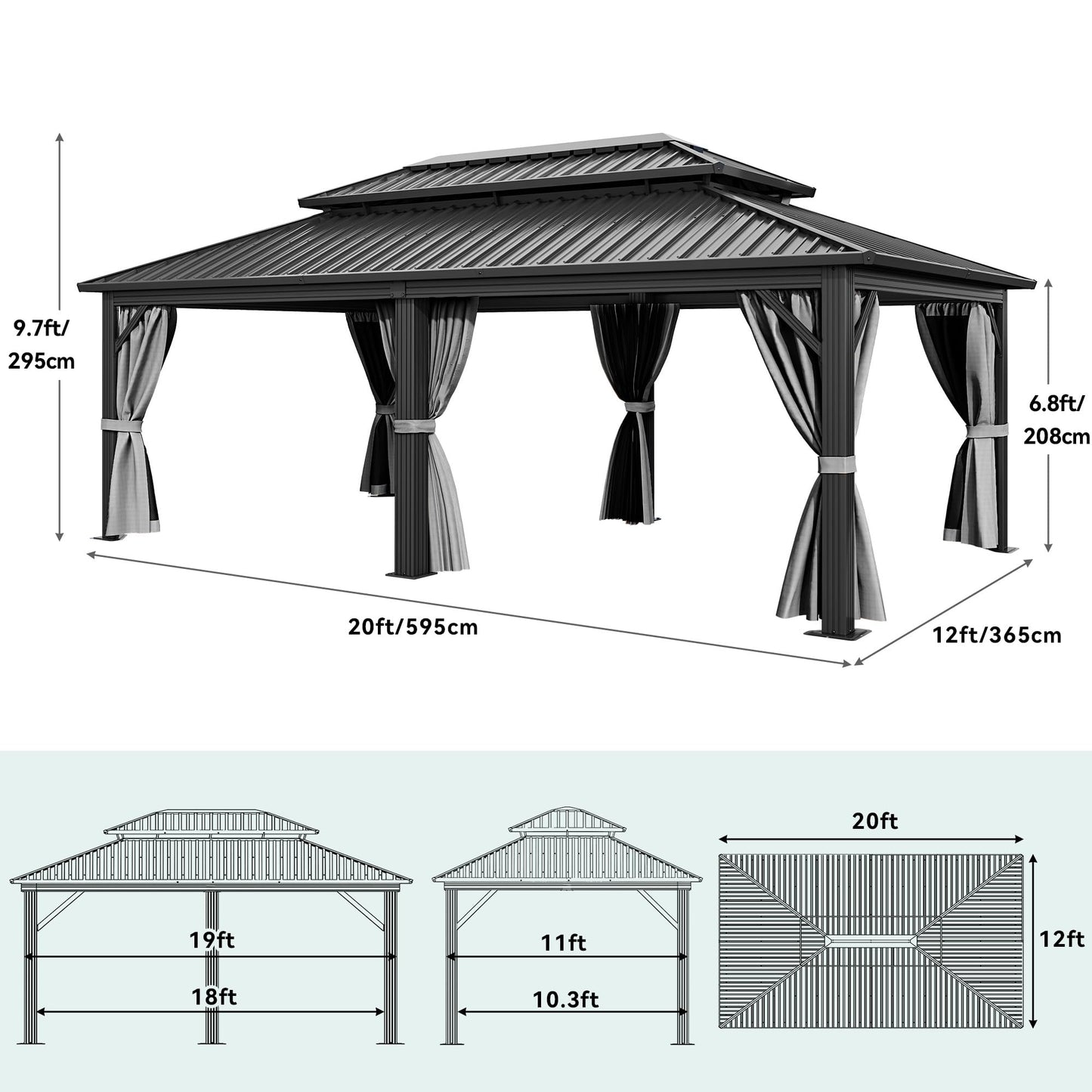 YITAHOME 12X20FT Hard Top Metal Gazebo Patios Double Roof Canopy Aluminum Frame Garden Gazebo Tent Curtains Netting for Patios Backyards Decks Lawns Gray