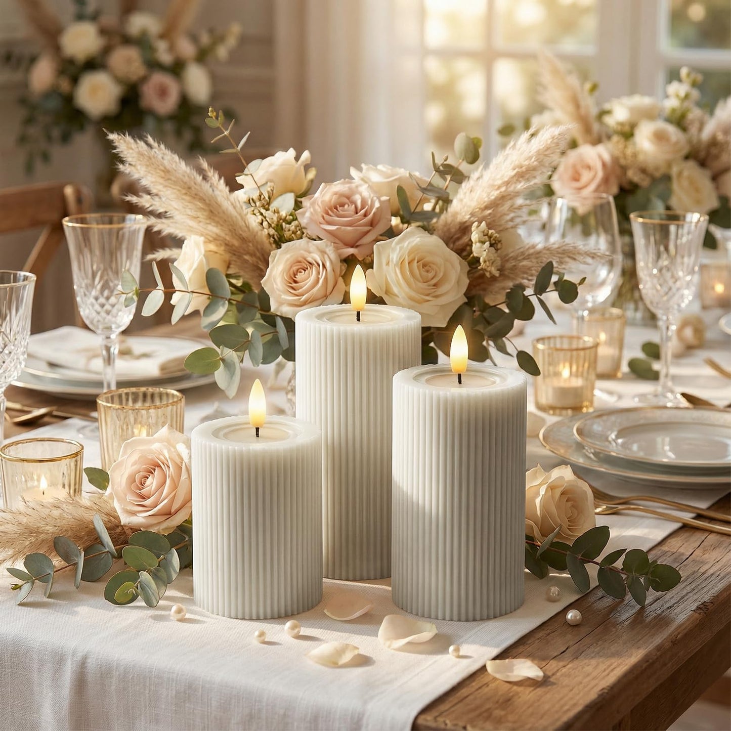 West Ivory Fluted Ribbed LED Pillar Candles, Cream Beige, with Reflective Melted-Wax Effect – Flickering Flame, Remote, Dimmable, Flameless, Battery Operated, Home & Wedding Decor (Set of 3)