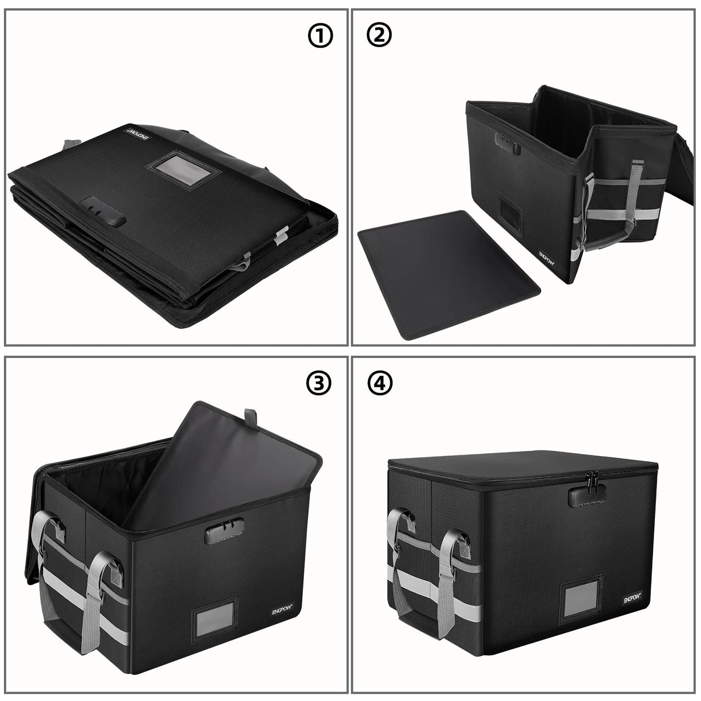 ENGPOW File Box with Lock,Fireproof Document Box with Zipper＆Pockets,Collapsible File Organizer Filing Storage Cabinet with Handle,Portable Home Office Safe for Hanging Letter/Legal Folder,Black
