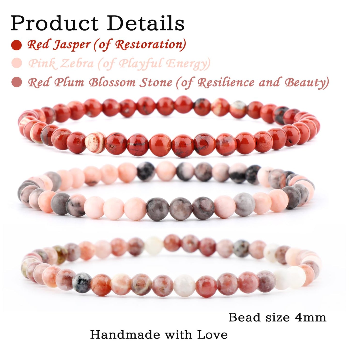 CMBYN 3-Pieces 4mm Natural Crystal Gemstone – ﻿Pink Zebra, Red Jasper, Red Plum Blossom Stone Handmade Reiki Energy Healing Stretch Bracelets Jewelry for Yoga, Meditation, Unisex