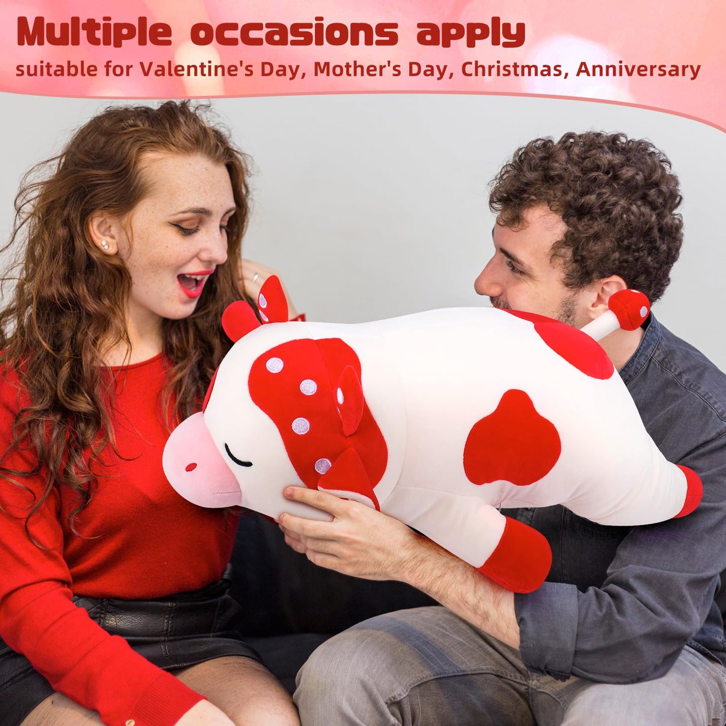 Auspicious beginning 30'' Giant Mushroom Cow Plush Stuffed Animal-Cute Mushroom Cow Plush Body Pillow Plushies, Large Sleeping Cow Stuffed Animal Big Plushie Toy, Birthday Gifts for Kids Girls Boys
