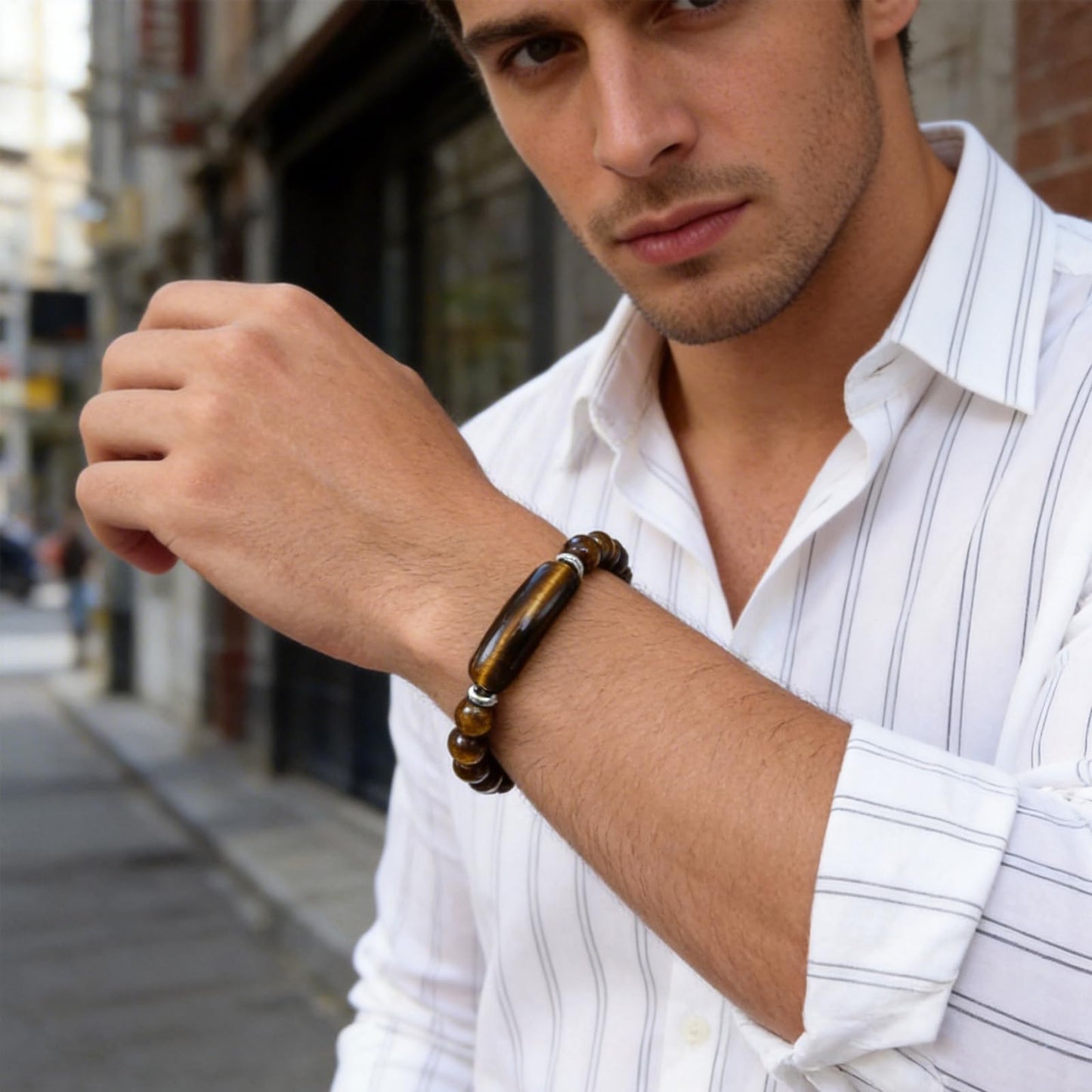 Kim Carrey Italian Tiger's Eye Mens Bracelet Stainless Steel Waterproof, Men's Bracelets Birthday Annivesary Gift for Him (Big Tiger's Eye Beads)