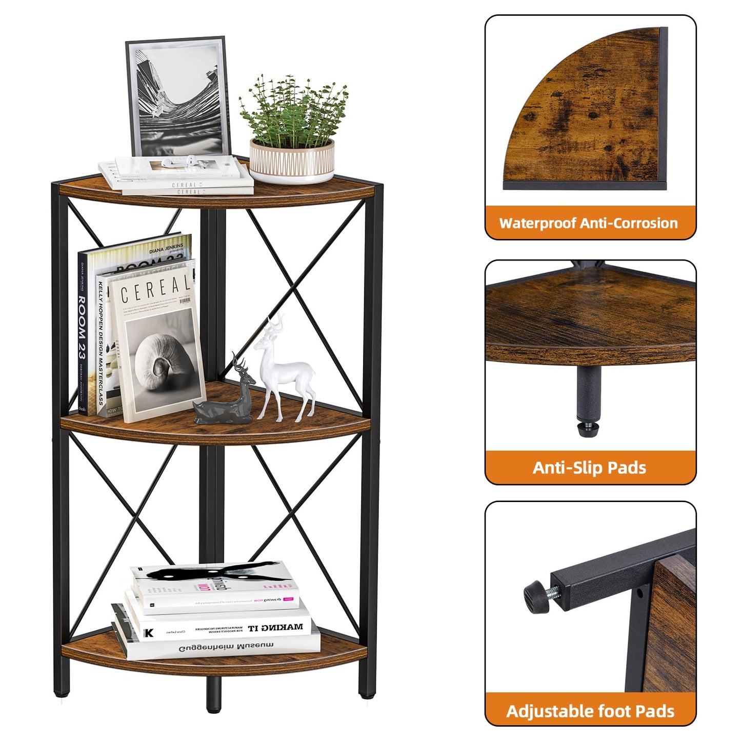 Snughome Corner Shelf with Metal Frame, 3 Tier Rustic Corner Storage Organizer, Freestanding Corner Bookshelf Stand Display Rack for Kitchen, Living Room