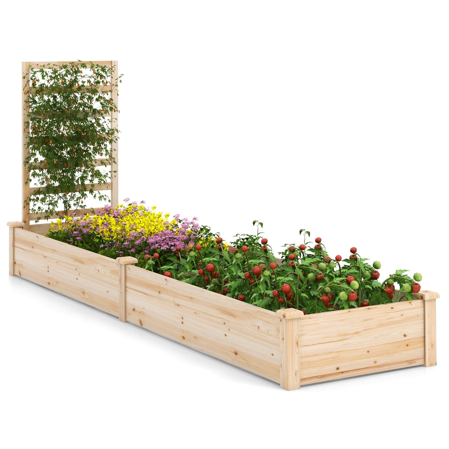 HAPPYGRILL Raised Garden Bed with Trellis, Wooden Garden Box with Divided Space for Vegetables, Flowers, Fruits, Climbing Plants, Outdoor Elevated Planter Box for Yard Patio, 93”L x 25”W x 40”H