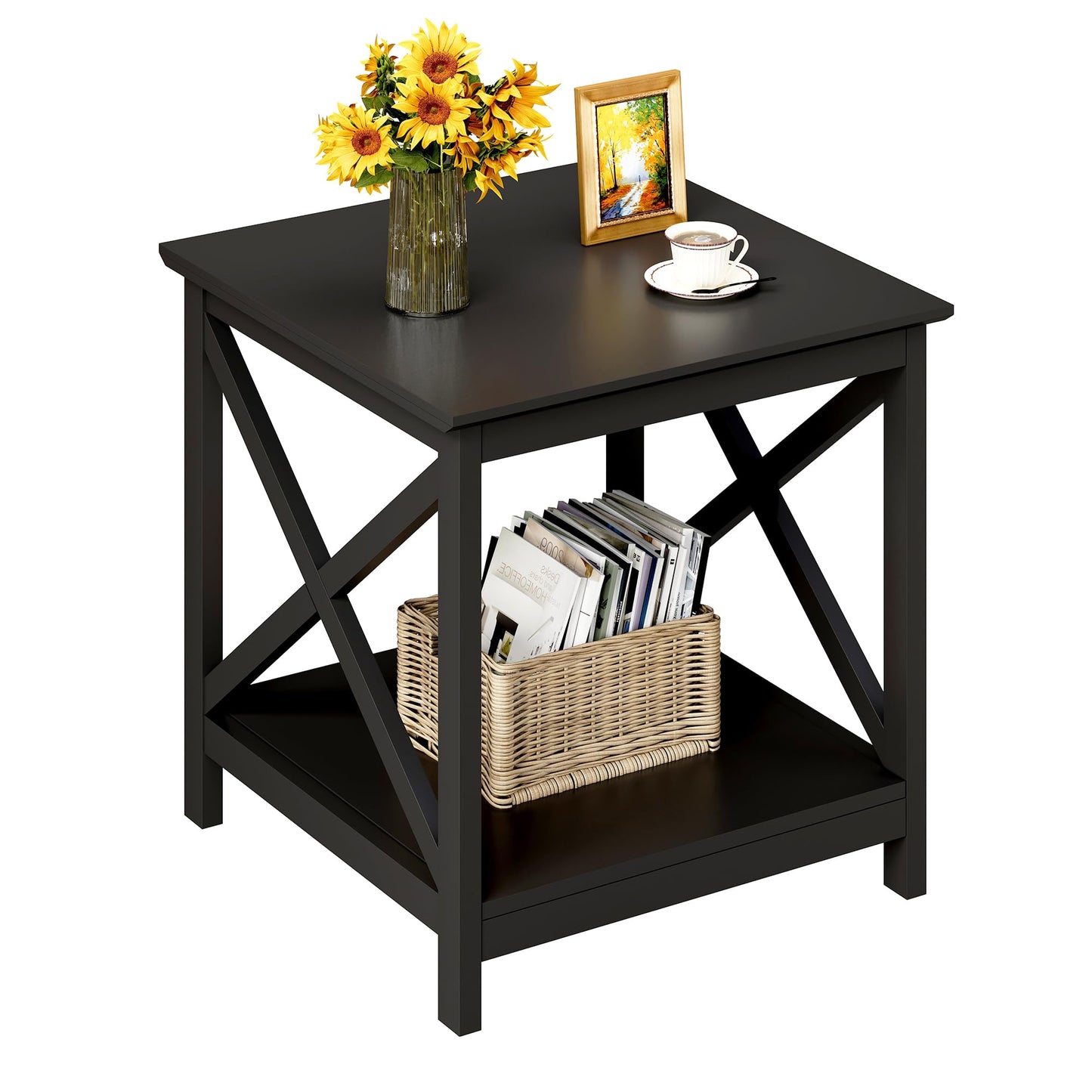 ChooChoo End Tables Set of 2, 24 Inch End Table with 2-Tier Storage Shelf, Side Table for Living Room, Wood Nightstand for Bedroom, Office, Painted Surface, Black