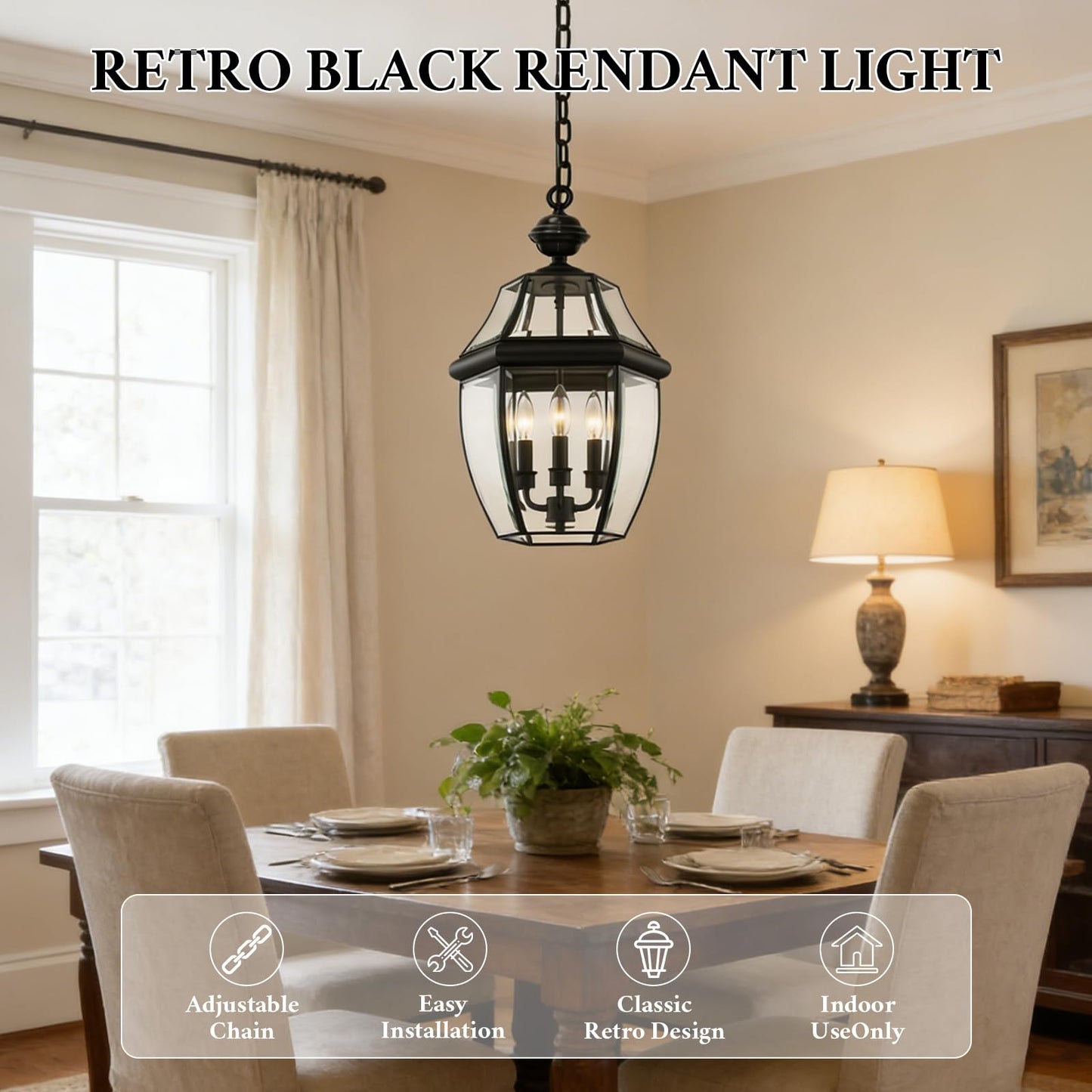 LALXUIEYC 3-Lights Outdoor Pendant Lantern Fixture, 20 Inch Large Modern Porch Light, Black Waterproof Hanging Chandelier with Clear Glass for Front Door, Patio, Gazebo, Entrance