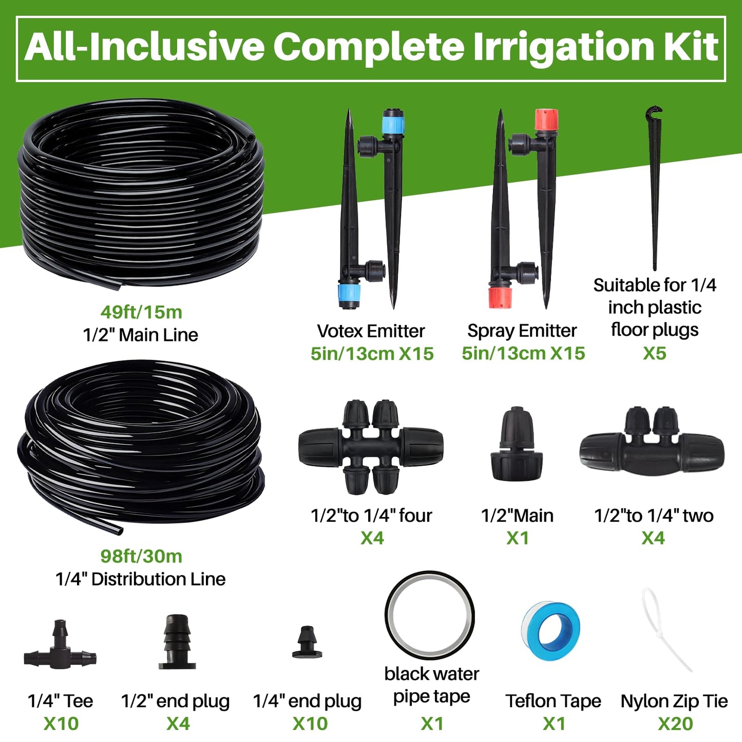 Drip Irrigation System, Automatic Garden Watering Kit, Quick-Connect Watering Misting Drip Irrigation System for Greenhouses,Yards,Lawns,Raised Beds,with 98ft 1/4''& 49ft 1/2" Tubing and Accessories