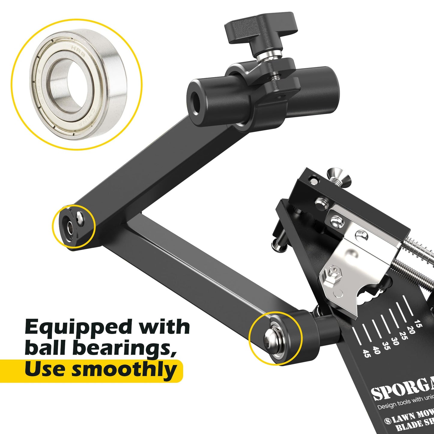 SporGain [Updated] Lawn Mower Blade Sharpener 15°-45° Adjustable Frame with Ball Bearing Manufacture Handle for Right & Left Hand Blades, Use with Angle Grinder, Black