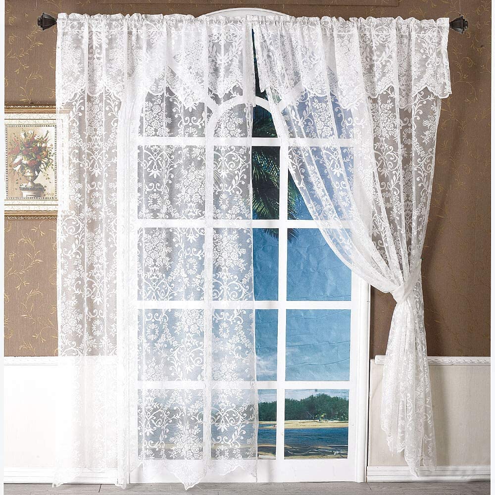 WUBODTI 84 Inch White Lace Curtains with Valances Attached 2 Panels, Floral Embroidered Semi Sheer Window Curtain Lace Tulle Rod Pocket Window Drapes with Valance for Living Room Bedroom Balcony