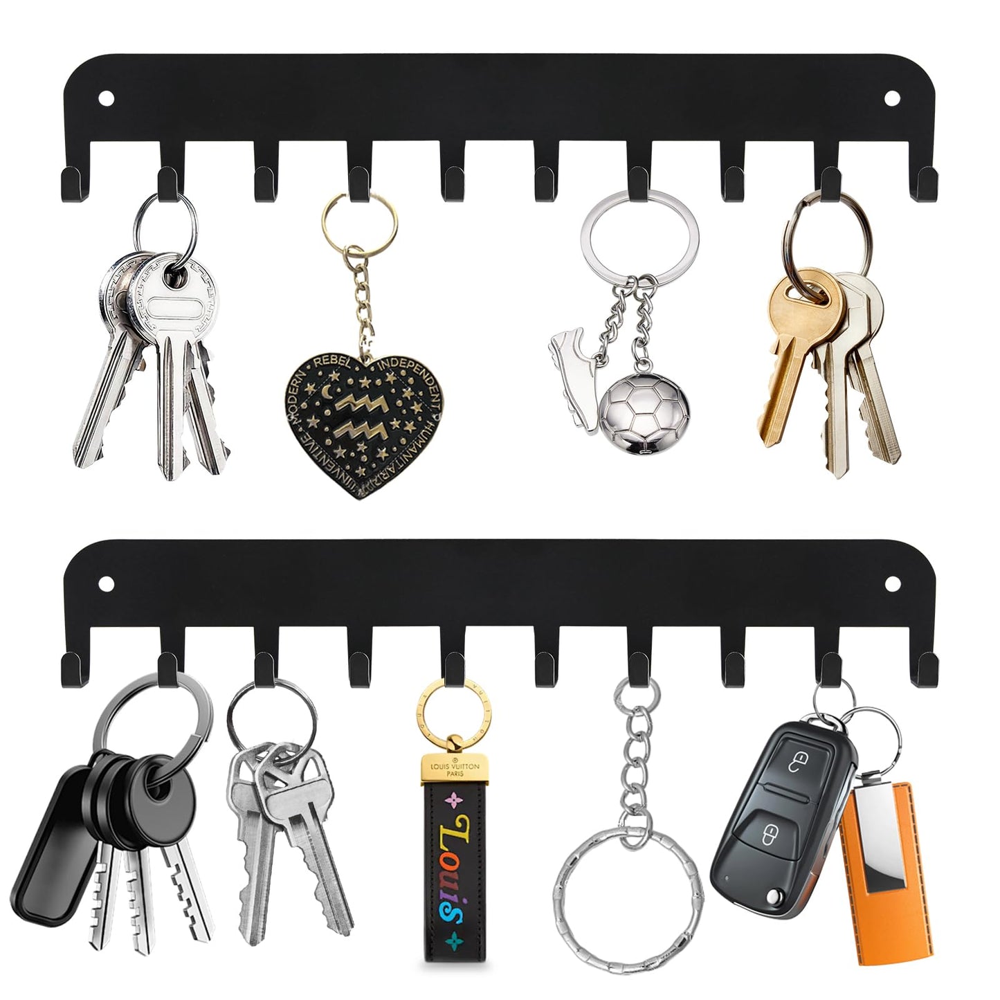 Yoanxong 2 Pack Key Holder Wall Mount, 10 Hooks Car Key Holder for Wall, No Drilling Required, Key Rack Adhesive, Keys Hanger on Wall, Key Rack Wall Mount for Entryway, Living Room, Hallway (Black)