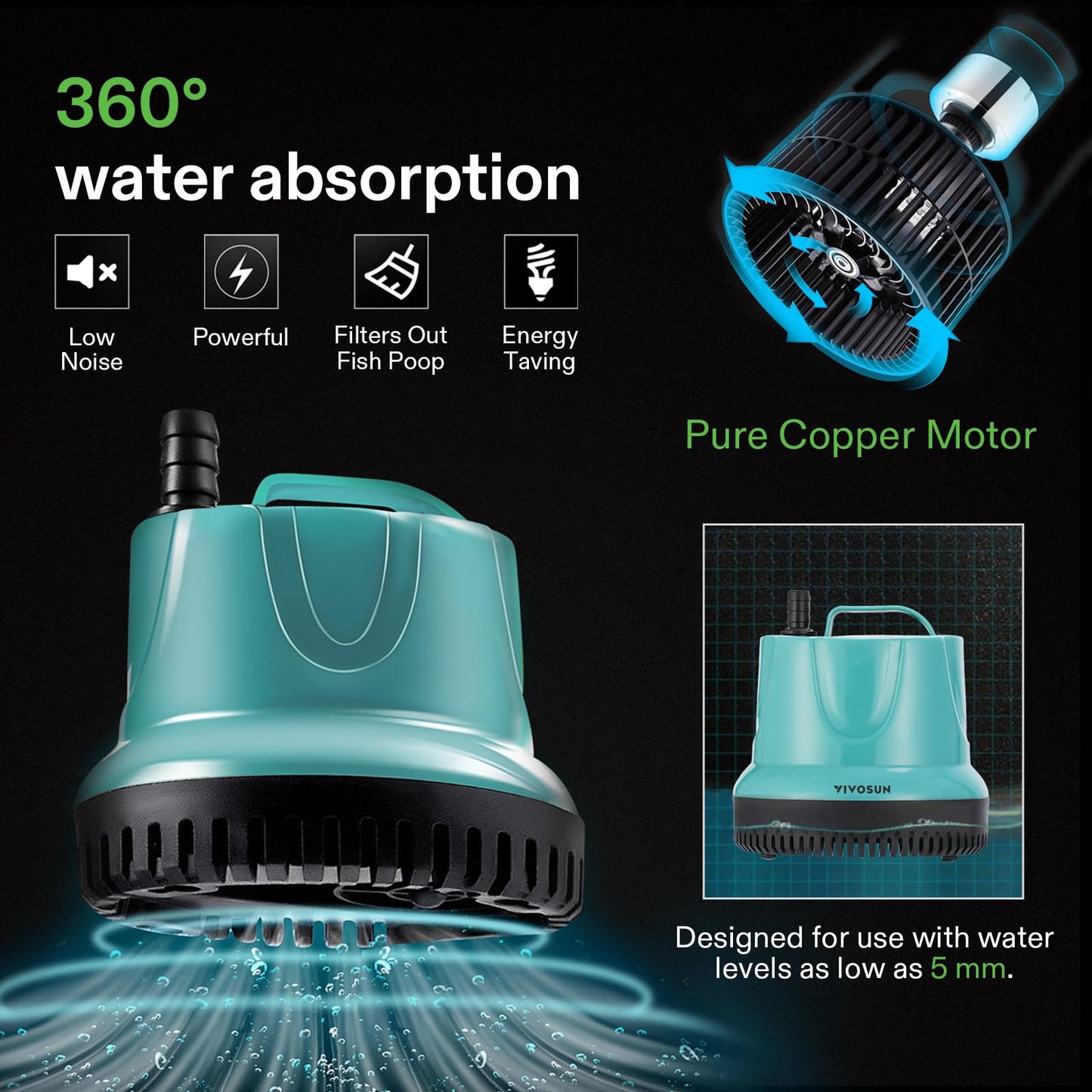 VIVOSUN 1150GPH 100W Submersible Pump for Fish Tank, Pond, Aquarium, Hydroponic Systems with 5ft Power Cord and 4 Nozzles Blue