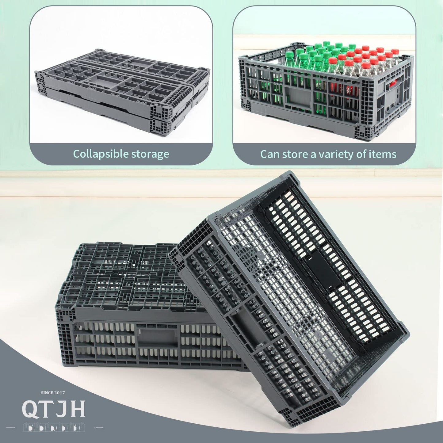 QTJH Collapsible Storage Bin/Containe， Transfer box,crate Transit storage of various items (Gray 23.6" L x 15.7" W x 8.6" H)