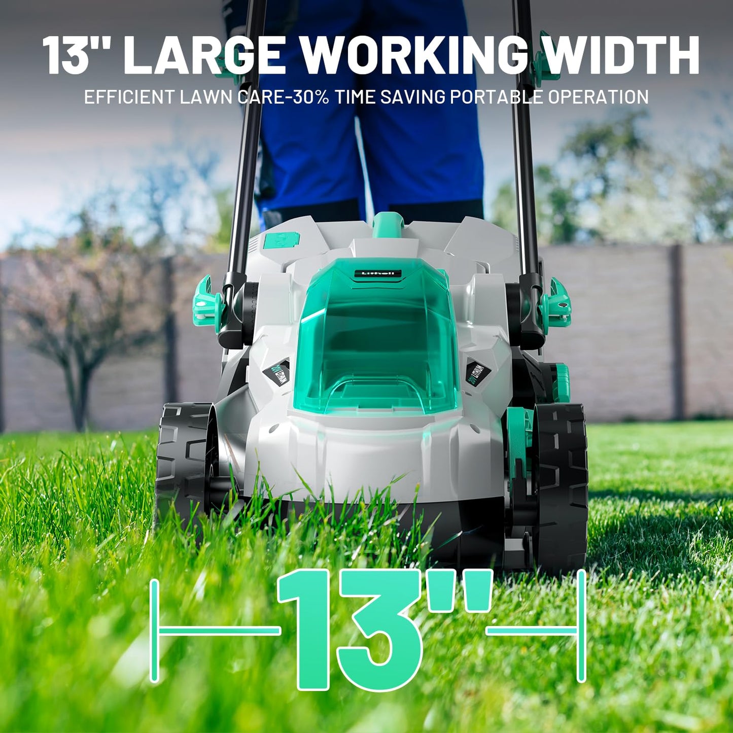 Litheli Cordless Lawn Mower 13 Inch, 5 Heights, 20V Electric Lawn Mowers for Garden, Yard and Farm, with Brushless Motor, 4.0Ah Battery & Charger Included