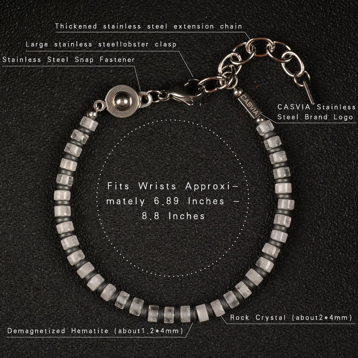 Casvia Lumina Path Men's Beaded Bracelet, White Quartz & Hematite, Adjustable Stainless Steel Dual Clasps, Thickened Wear-resistant Handmade Minimalist Jewelry, Daily Wear Gift for Men & Friends
