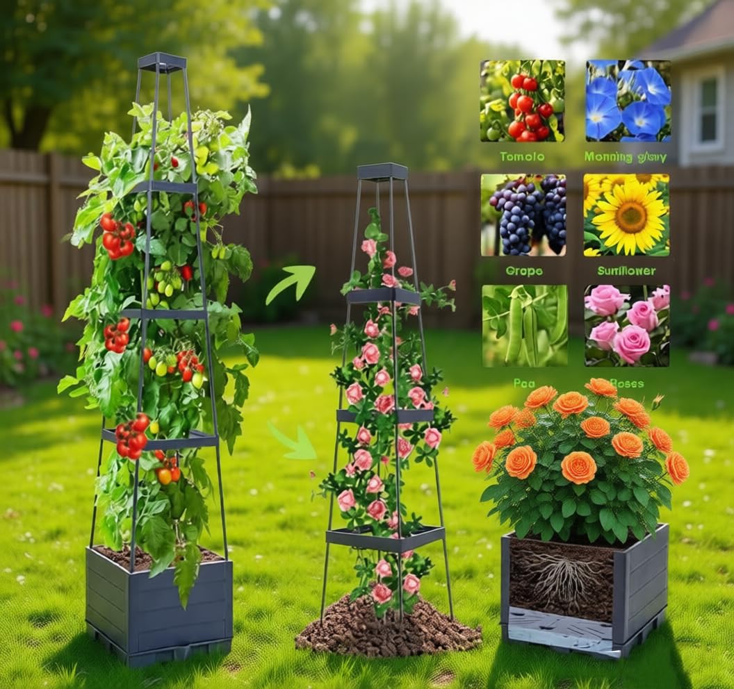 2 Packs Tomato Planter with Trellis, 56" Tomato Cages for Indoor & Outdoor Climbing Plants, Self Watering Vertical Garden Bed Plant pots for Garden Patio