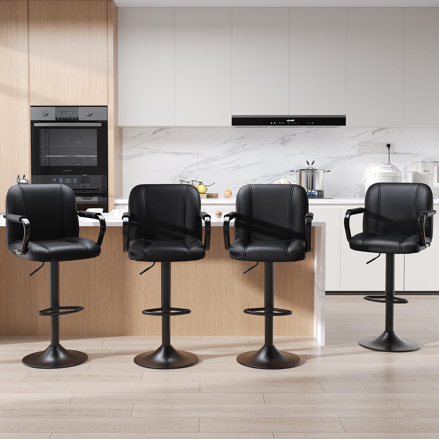 MALOL Set of 2 Modern Bar Stools with Backs - Adjustable High Chairs for Kitchen Island, Barstools for Home Bar, Island Stools, Sillas Altas para Barra de Cocina, Black PU Leather