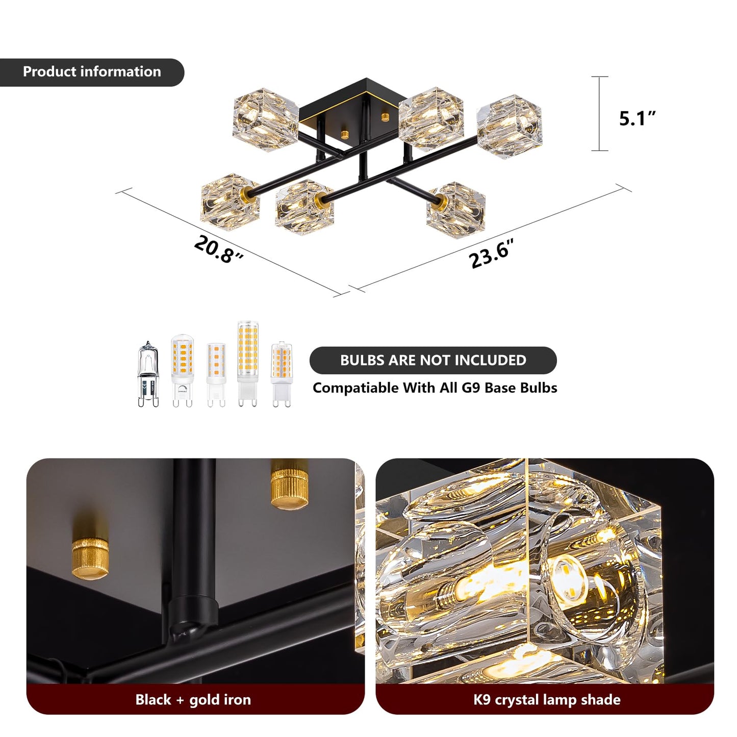 Semi Flush Mount Ceiling Light Fixture,6-Light Modern Crystal Chandeliers,Black and Gold Farmhouse Lighting Fixtures for Dining Room Living Room Kitchen Bedroom Entryway
