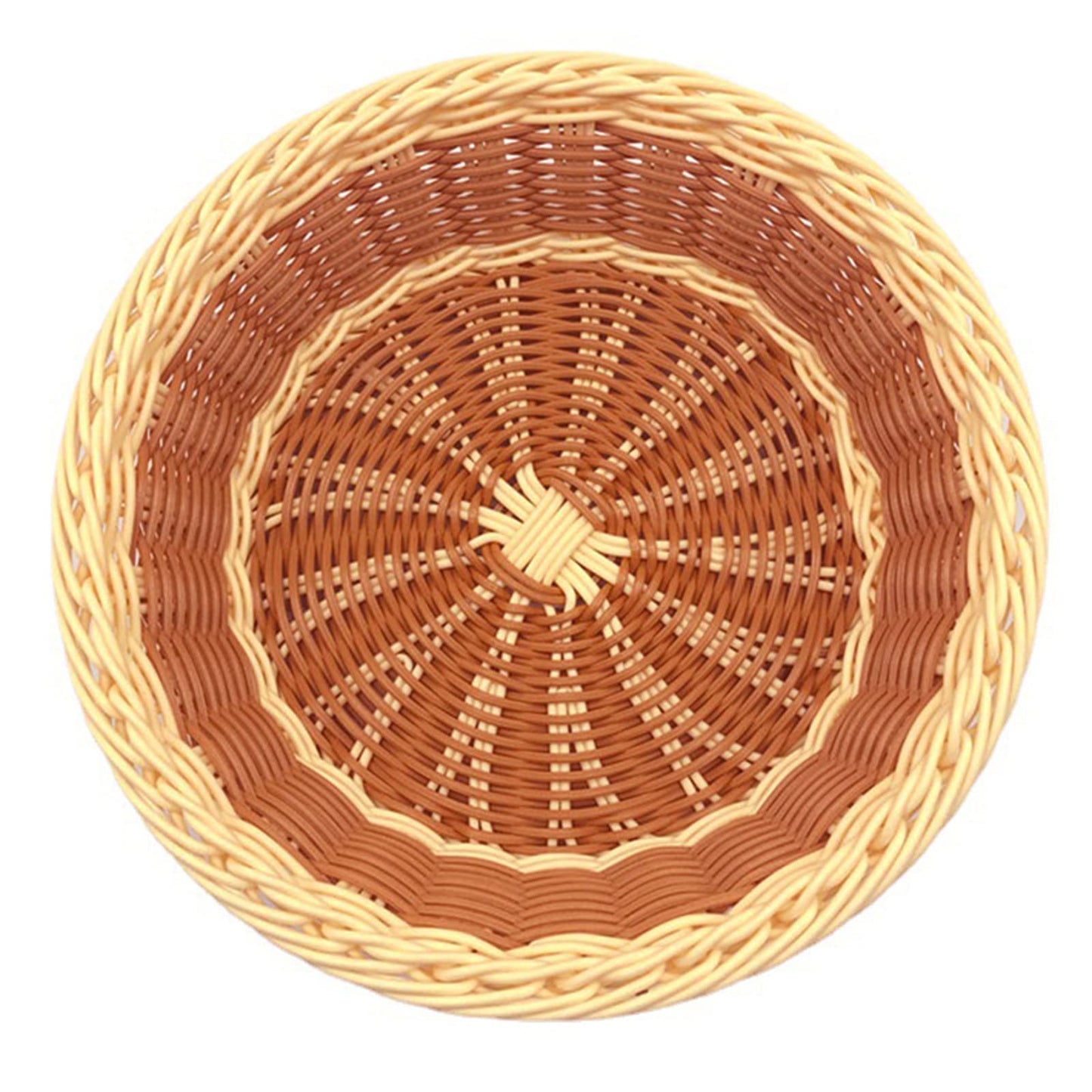 Yarlung 3 Pack Woven Bread Baskets, Plastic Wicker Fruit Baskets 11.5 Inch Round Imitation Rattan Basket, Stackable Food Serving Holder for Kitchen, Restaurant, Outdoor, Brown & Beige