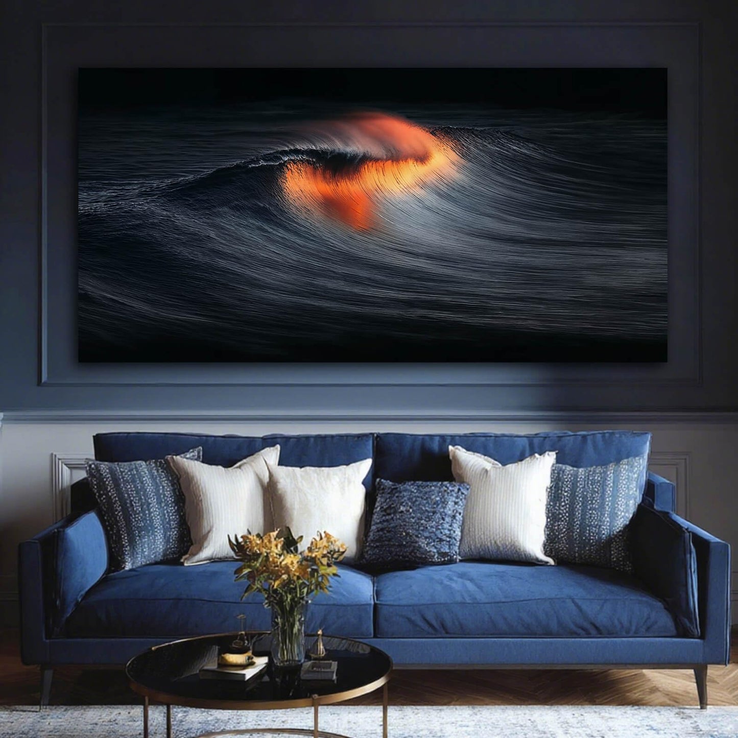 YETHEN WAL Dark Ocean Wave Wall Art Sunset Fire Canvas Prints Abstract Seascape Artwork for Living Room Bedroom Office Decor 24x48 Inch