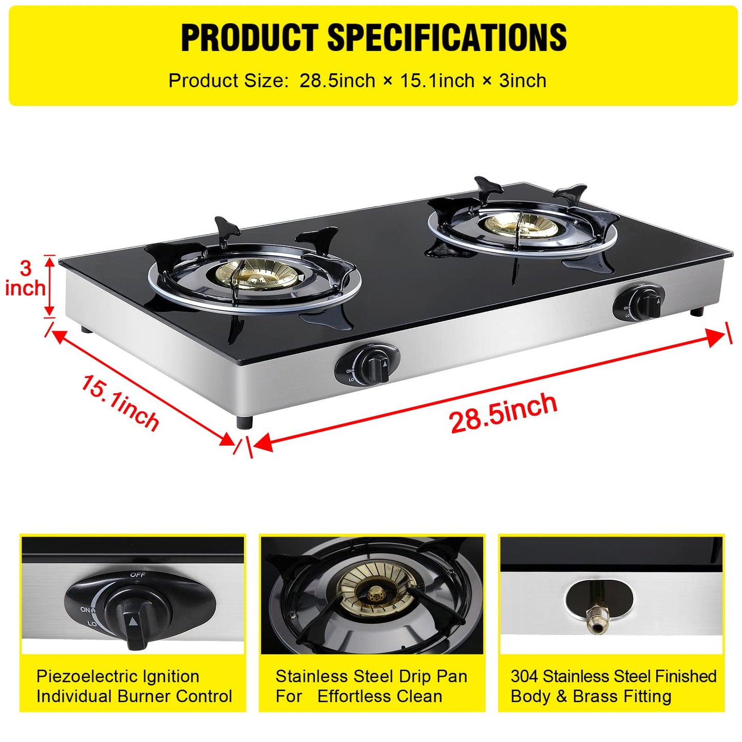 forimo Propane Gas Cooktop 2 Burners Gas Stove portable Tempered Glass Double Burners Stove Auto Ignition Camping Double Burner LPG for RV,Apartments,Outdoor