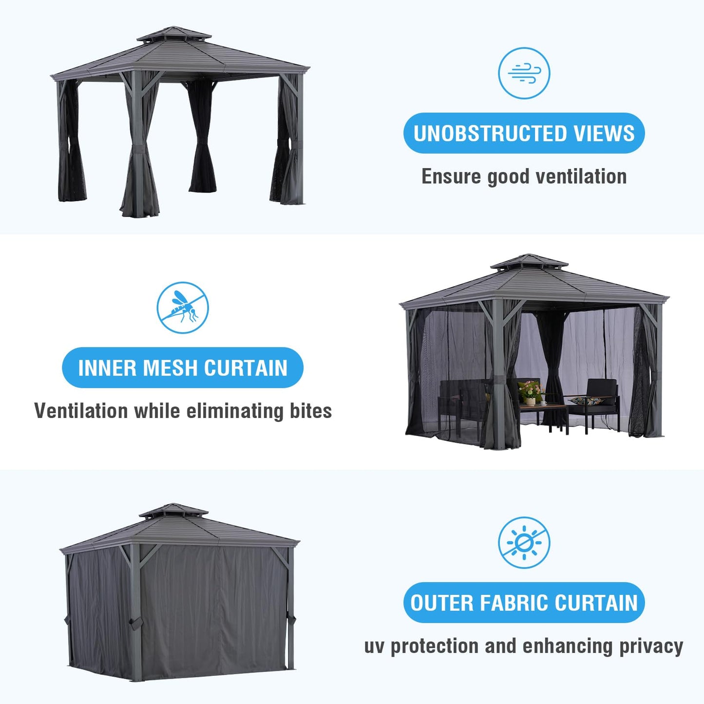 LeDoasis Nova 10' X 10' Permanent Hardtop Gazebo with Breathable Netting & Privacy Curtain, Heavy Duty Galvanized Steel Double Roof, Garden, Lawn, Deck, Backyard