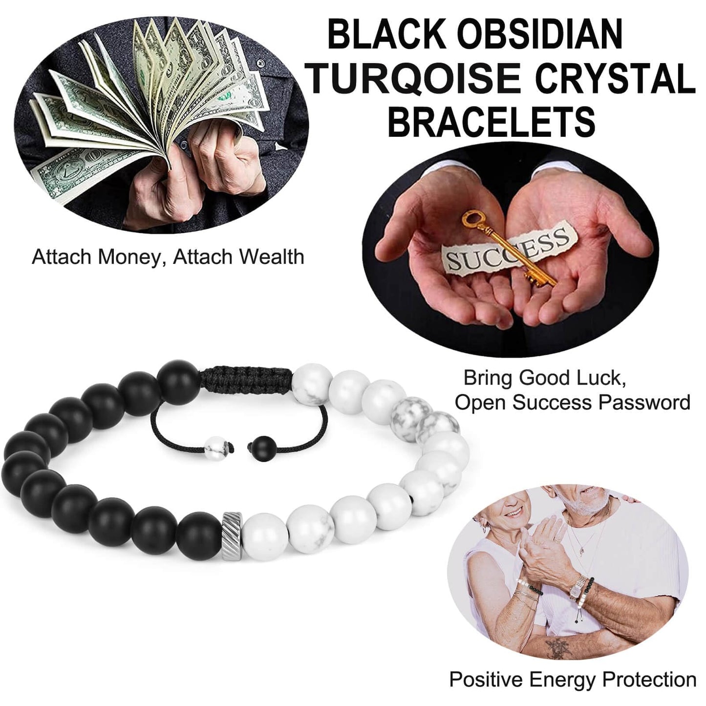 Black Obsidian White Stone Protection Bracelets, Black Obsidian Agate Men Women Crystal Bead Bracelet for Courage, Money Wealth Prosperity Handmade Good Luck Energy White Quartz Stone Bracelets