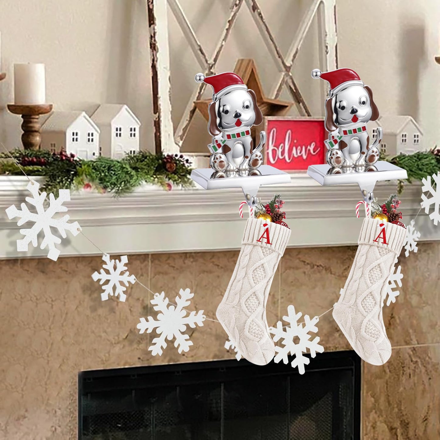 Kosmeey 1 Pcs Christmas Stocking Holder for Mantel-Christmas Dog Stocking Hanger for Mantle, Alloy Metal Christmas Stocking Holder for Fireplace Mantle, Heavy Stocking Hooks for Xmas Decoration