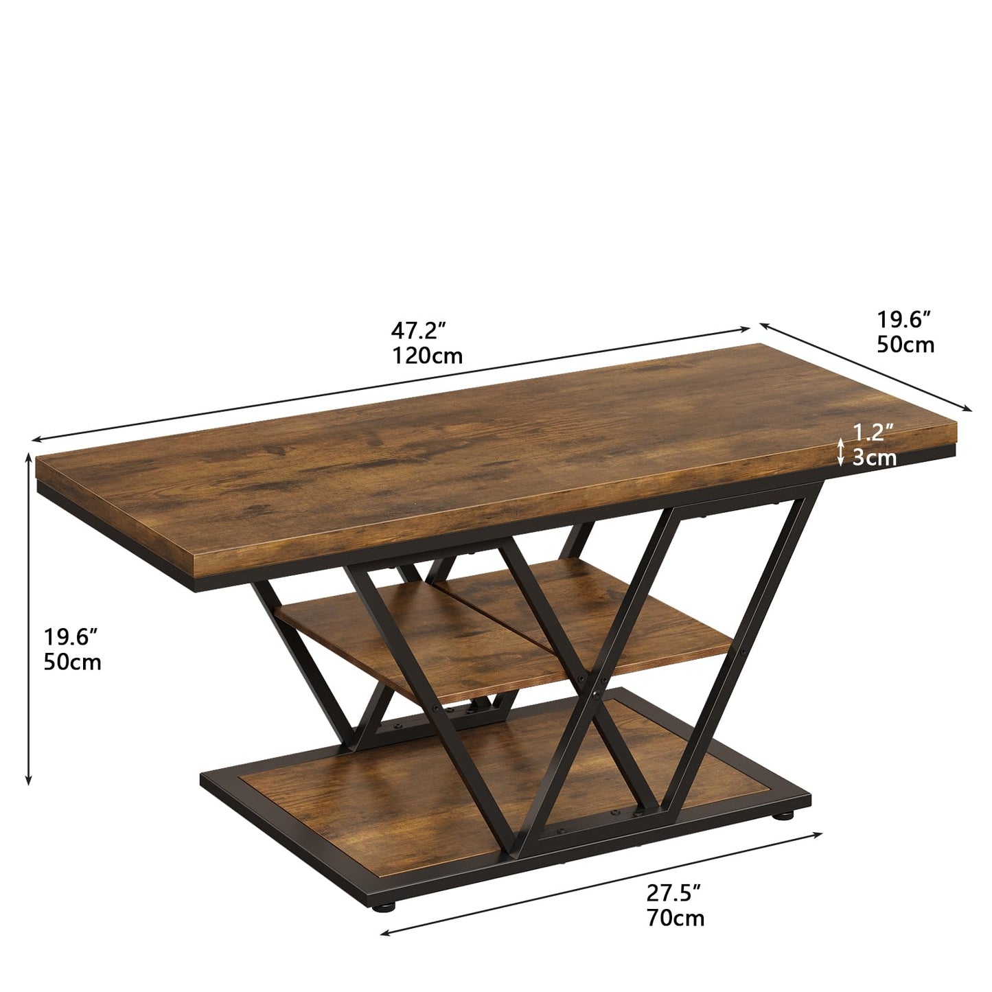 Espelism Coffee Table with Storage Industrial 3 Tier Center Living Room Table Farmhouse Wooden Rectangle Cocktail Rustic Tea Table for Office Bedroom(Brown)