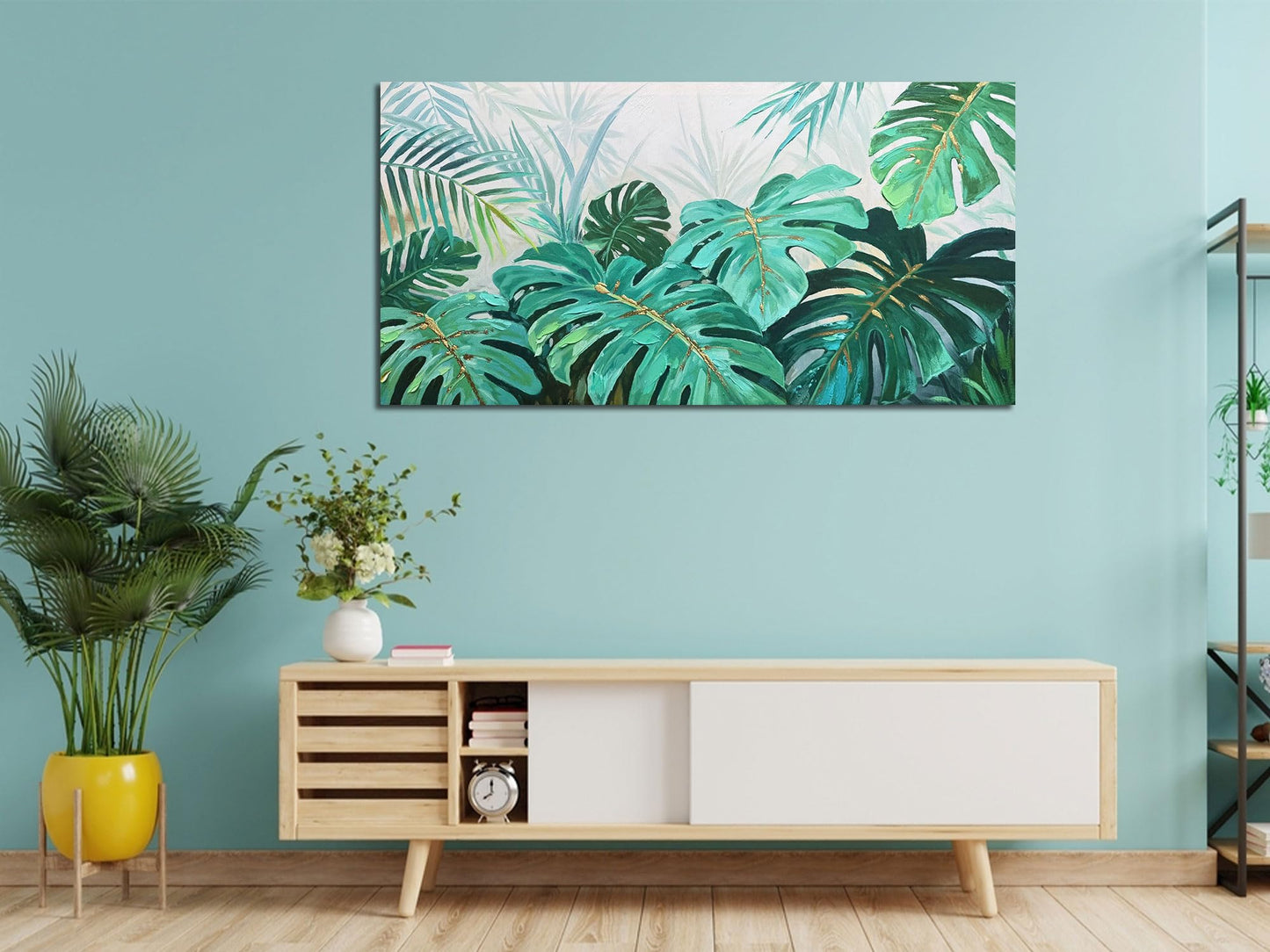 Enartly Tropical Green Leaf Canvas Wall Art Monstera Palm Leaf Painting Jungle Plant Botanical Picture Nature Artwork Print Framed for Living Room Bedroom Bathroom Office Home Decor, Large 40"x20"