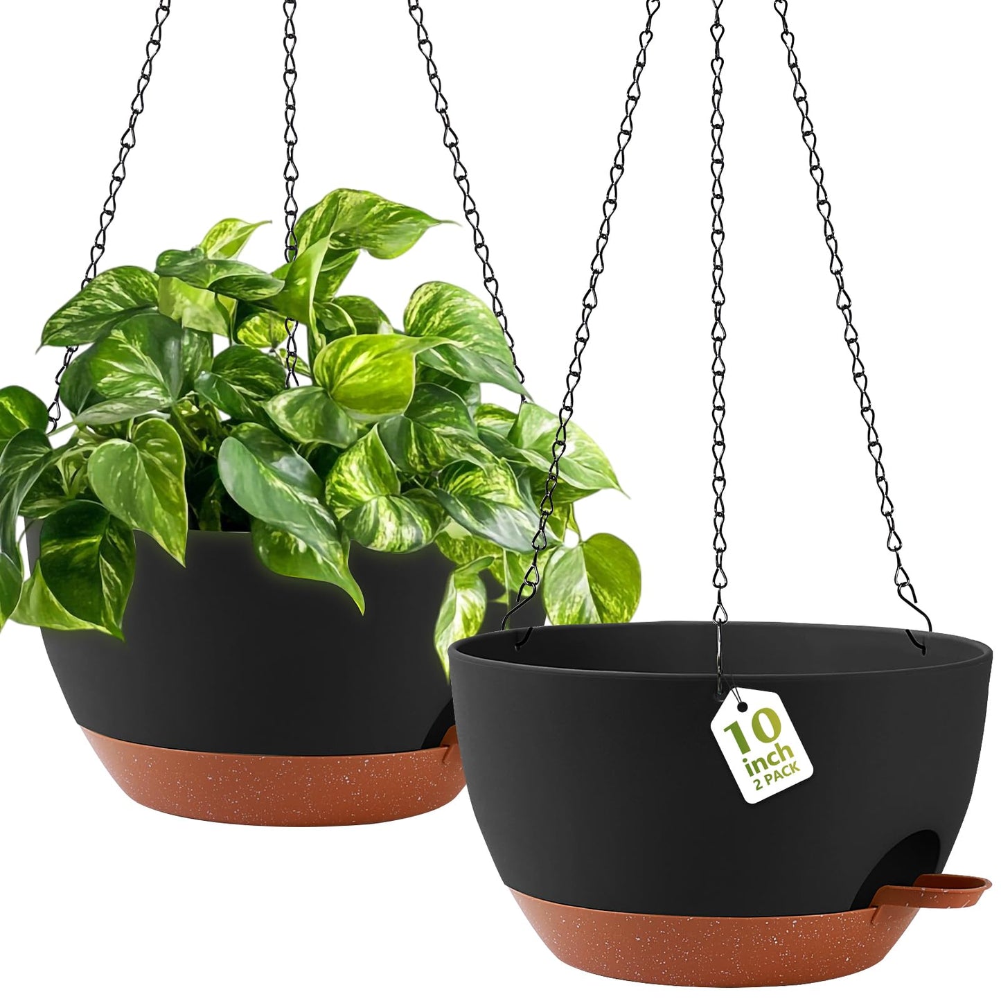 GARDIFE Hanging Planters for Indoor Outdoor Plants, 2 Pack Self Watering Hanging Pot with Drainage Holes & Removable Tray (Black, 10 inch)