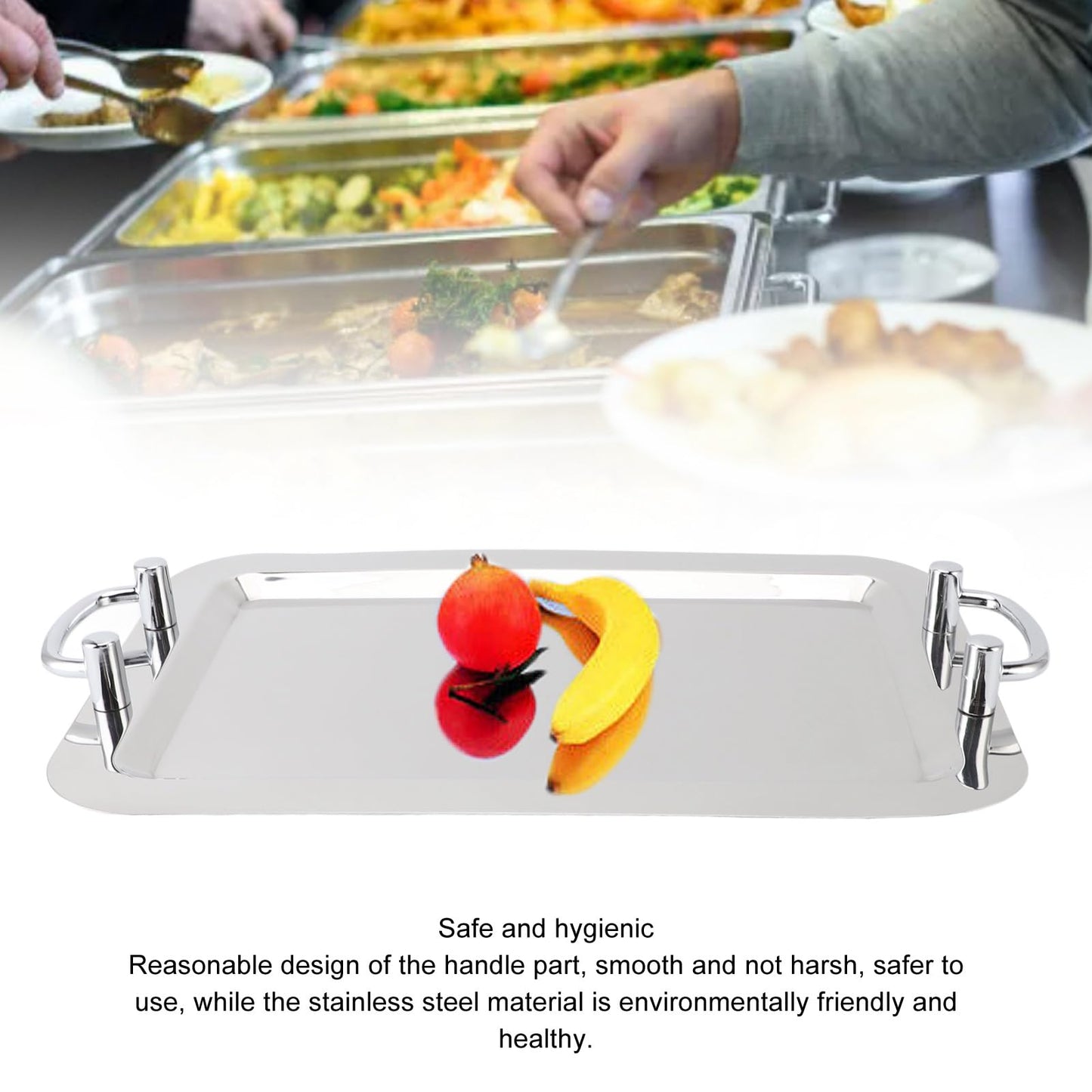 Fockety Stainless Steel Serving Tray, Multifunction Portable Metal Serving Tray with Handle, Buffet Serving Snack Tray for Coffee, Desserts, Cakes, (Rectangle Shape with