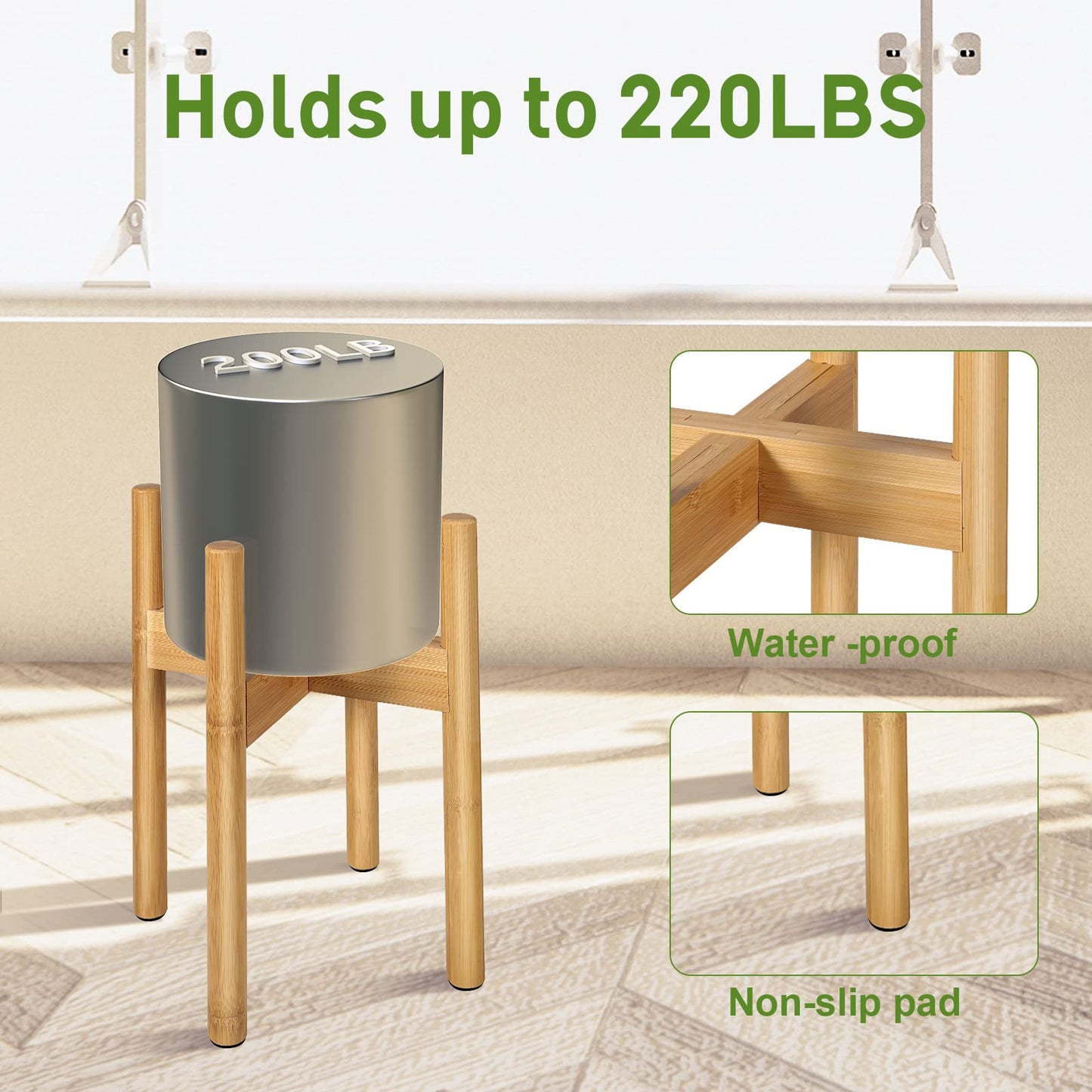 BESHOF 2 Pack Bamboo Plant Stands, Adjustable Plant Stand Indoor, Mid Century Modern Plant Stand, Plant Holder for Living Room, Balcony Fits 8 to 12 Inches Pots (Beige)